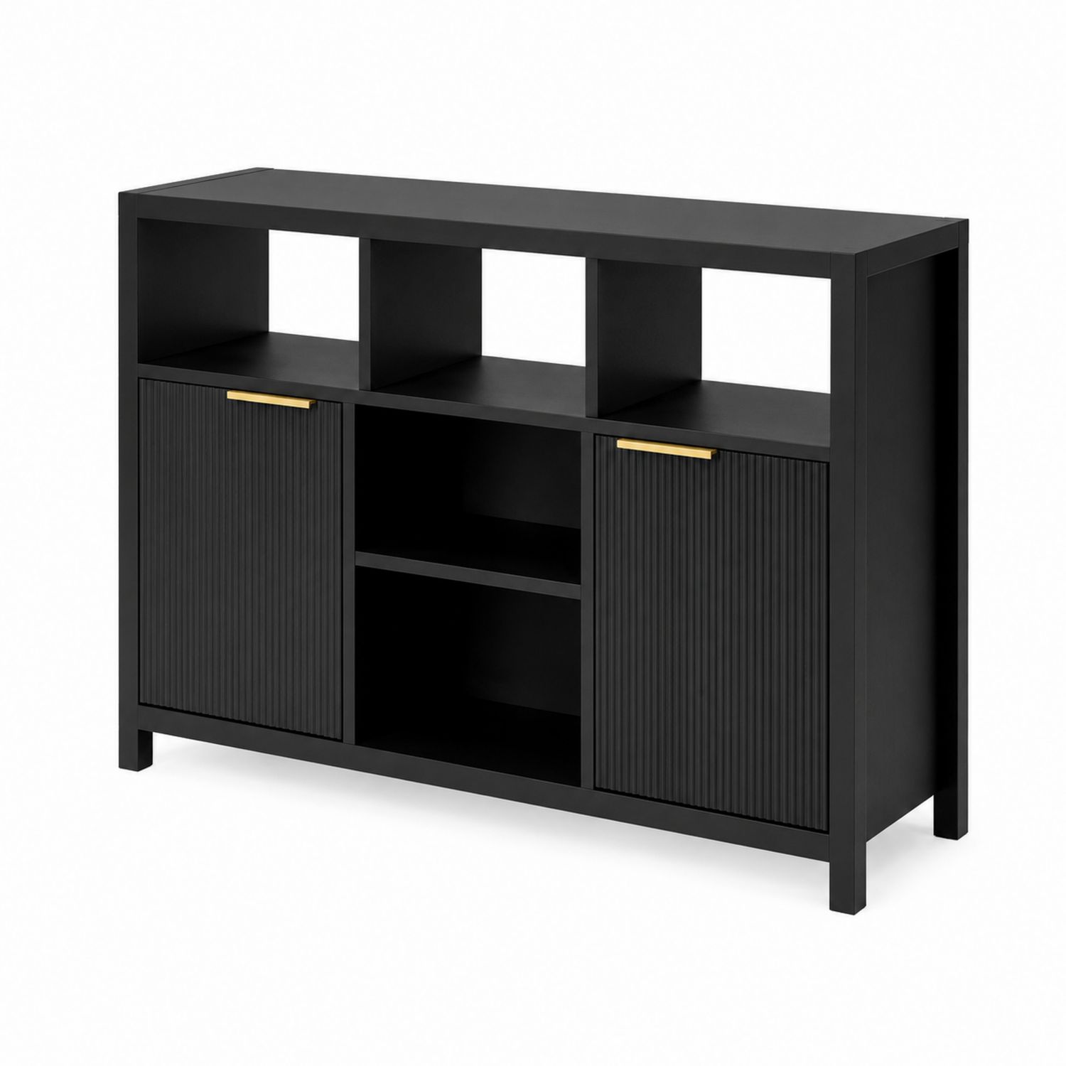 Sideboard aus Spanplatte Schwarz mit Stahlgriffe