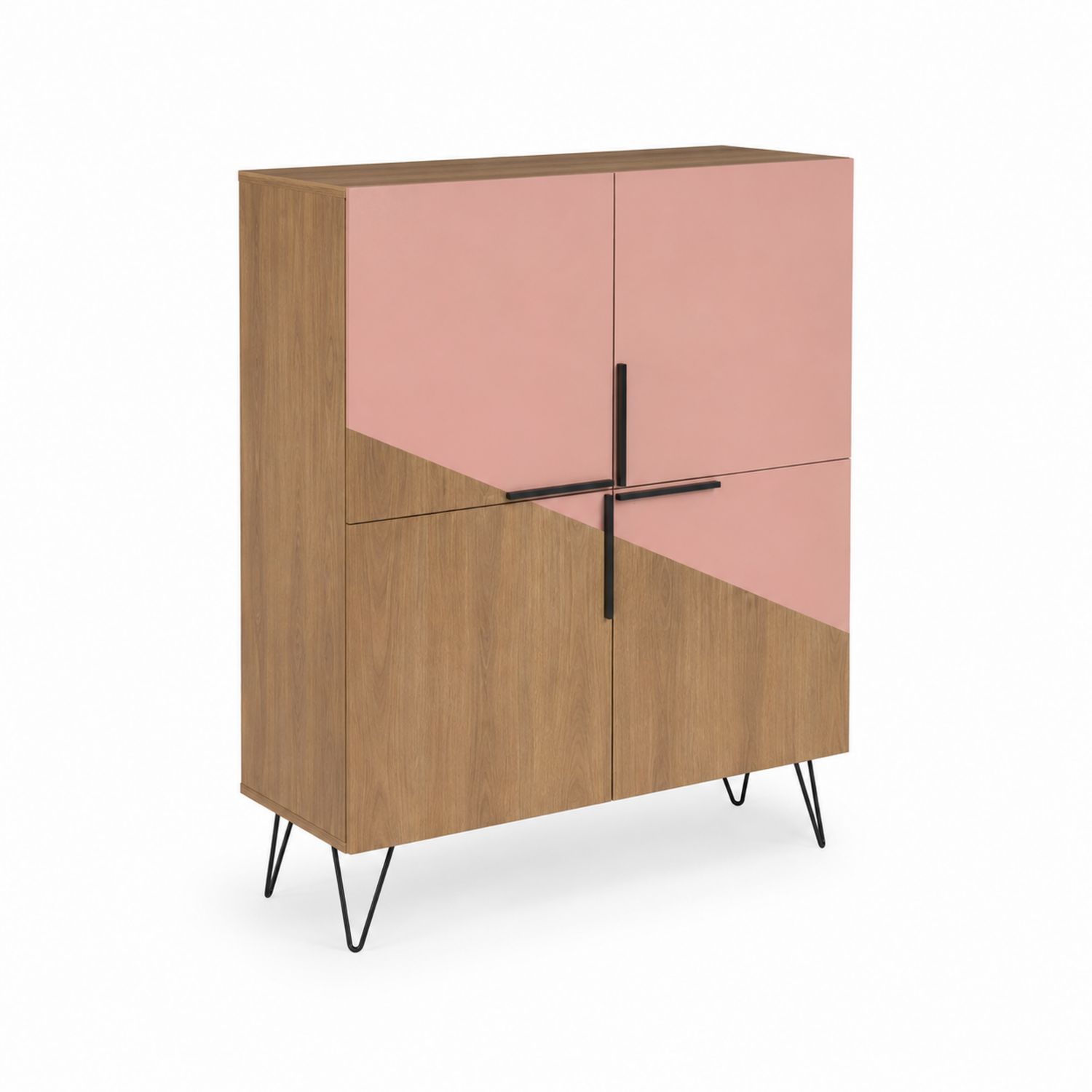 Holz- und Metallschrank mit rosa Türen