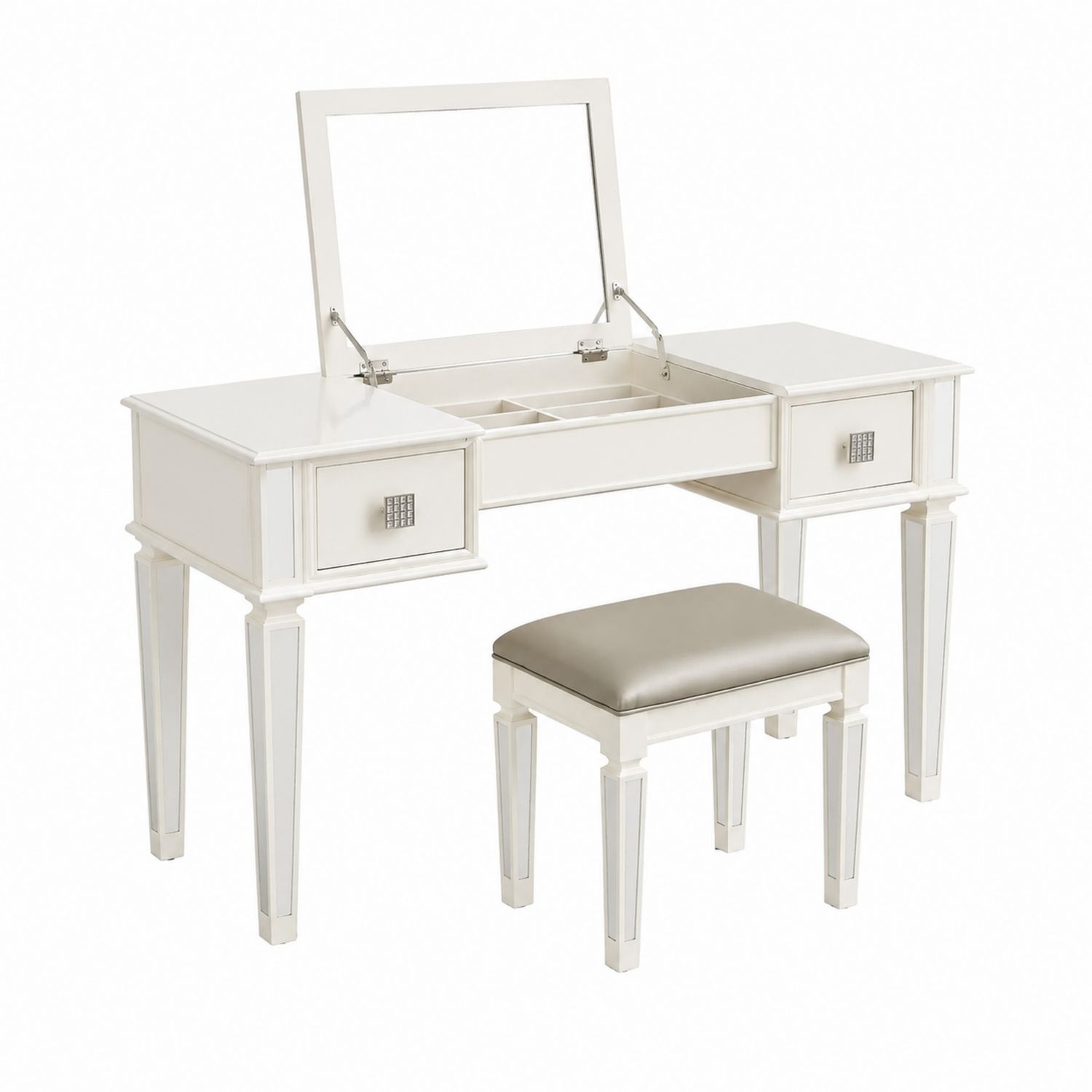 Schminktisch Set aus Holz mit Spiegel und Hocker in Weiß