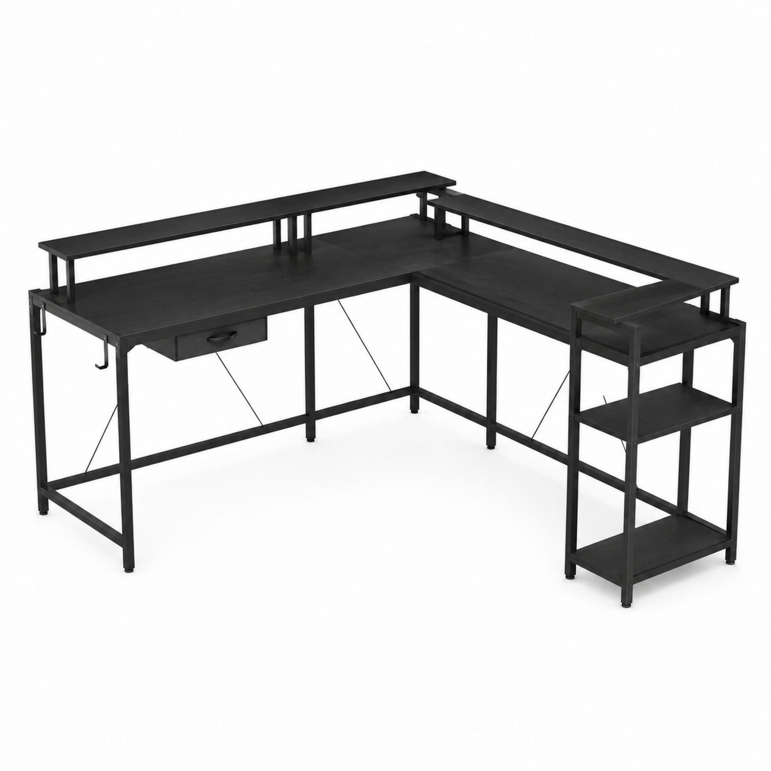 Eckschreibtisch L-Form mit Regal Stahl und MDF Schwarz