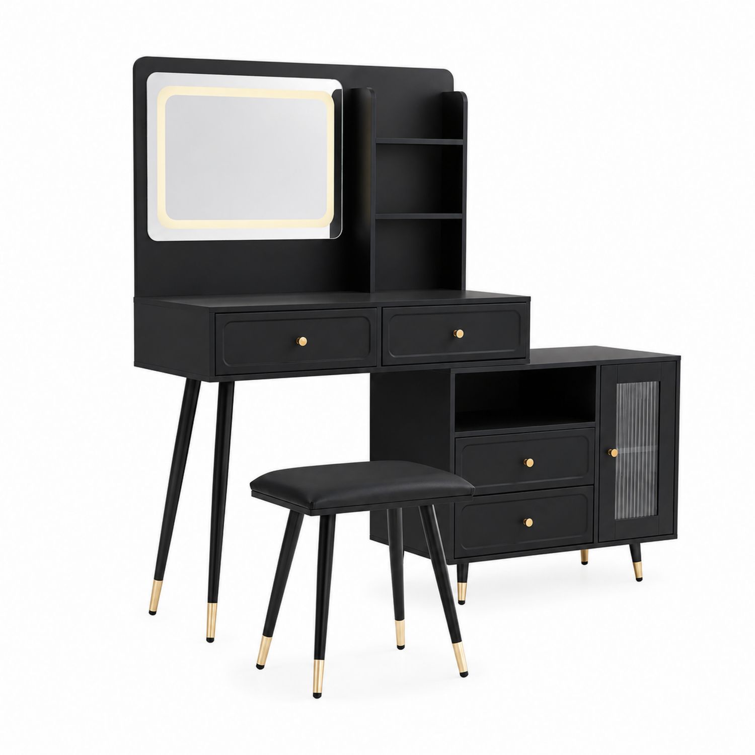 Schminktisch Set mit LED Spiegel Schwarz MDF und Metall