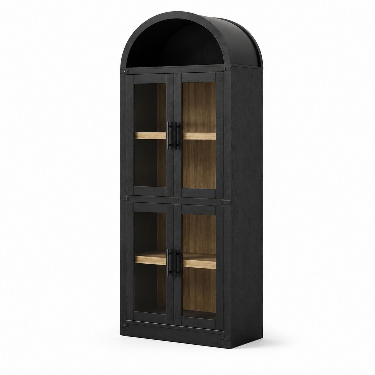 Schwarzes Bücherregal mit gewölbtem Dach aus Holz und Glas