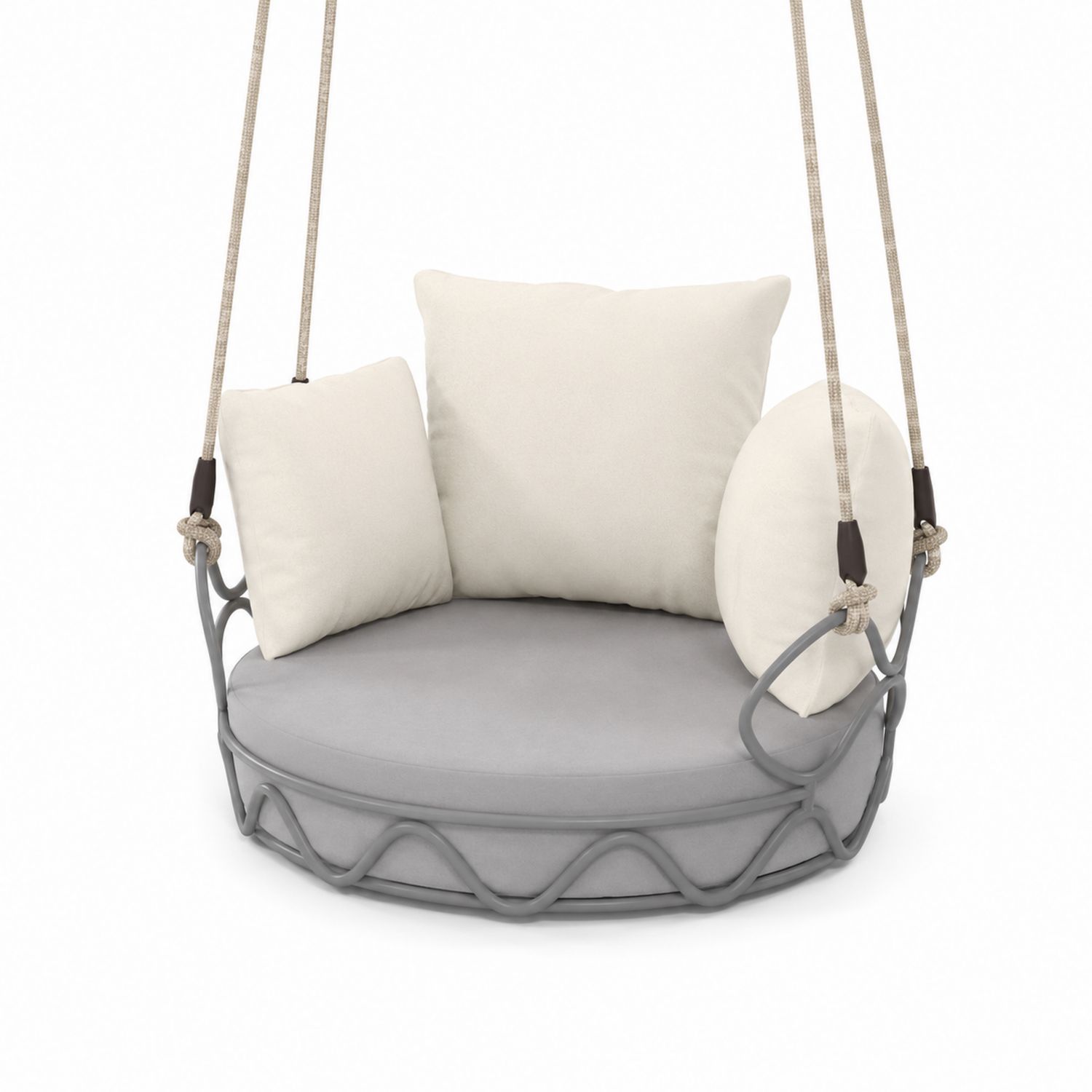 Runde Hängeschaukel mit Stahlrahmen und Polyesterkissen, Durchmesser 100 cm, Beige/Grau