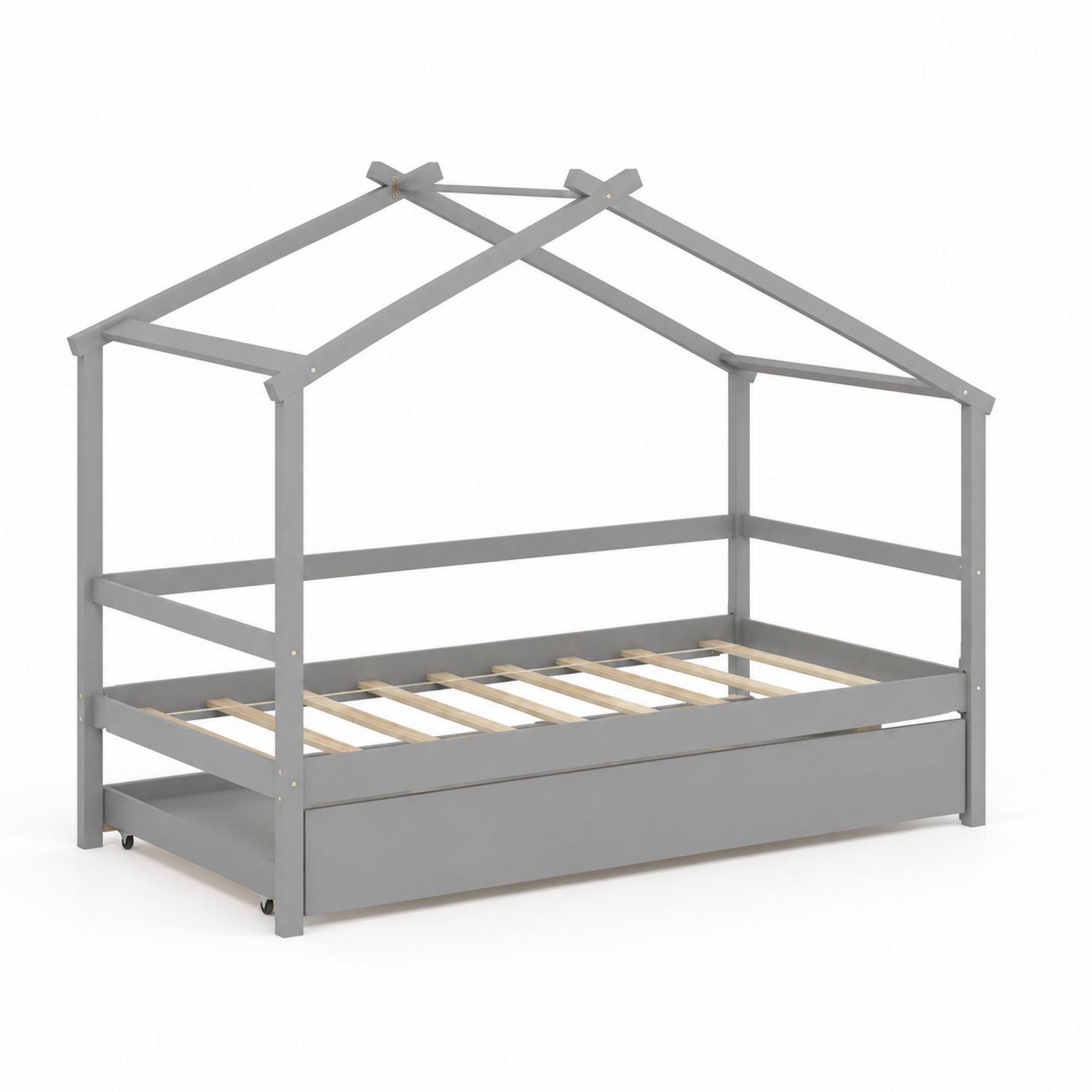 Kinderhausbett aus Holz mit Stauraum Grau 200x90 cm