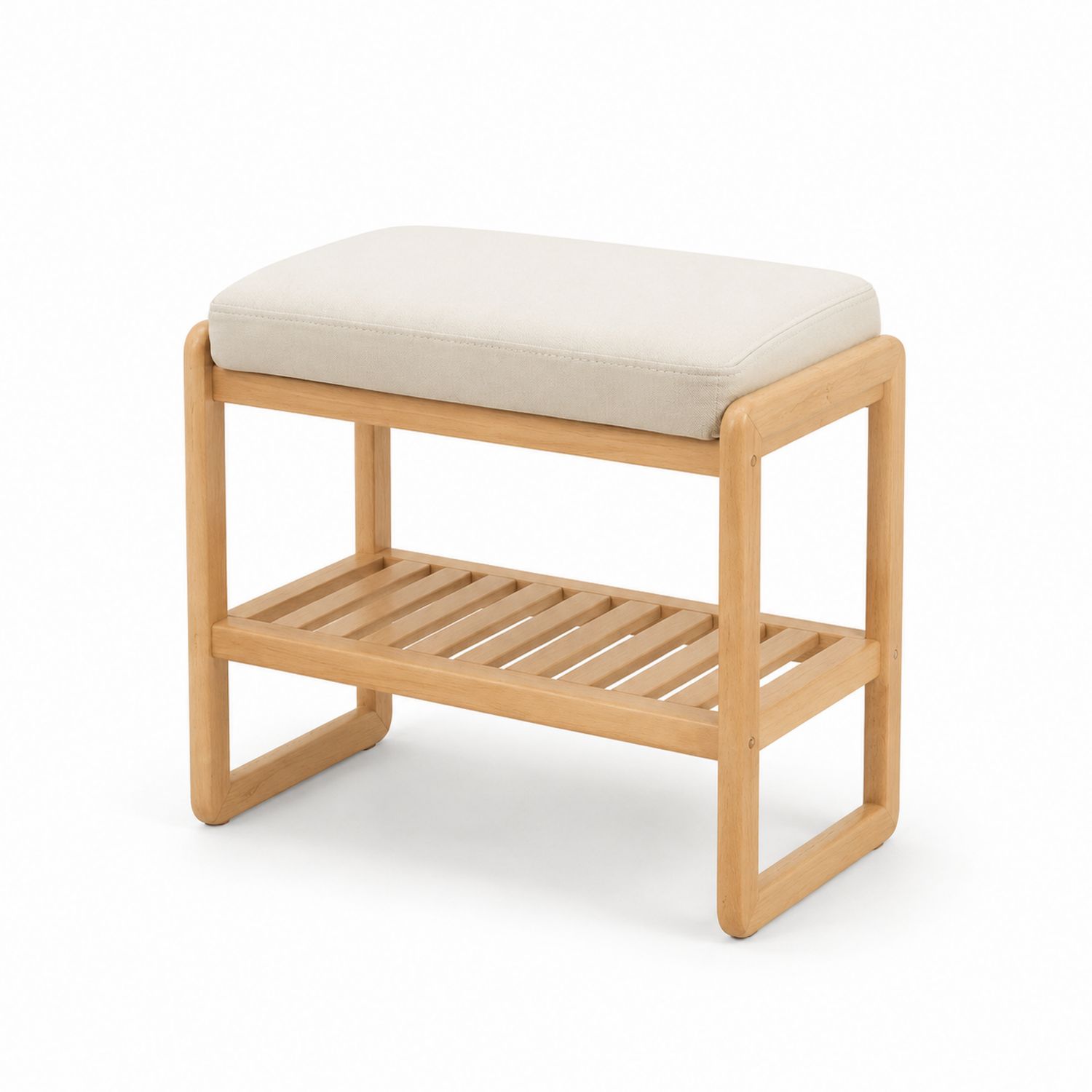 Holzbank mit Polyesterbezug und Eichenrahmen, Beige