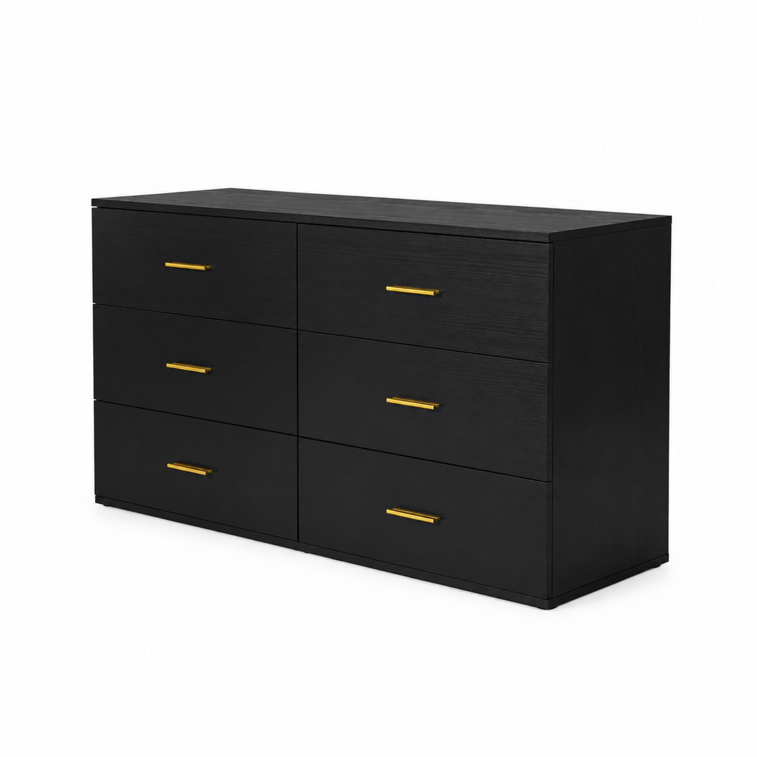 Kommode Holz 6-Schubladen Schwarz mit goldfarbenen Griffen