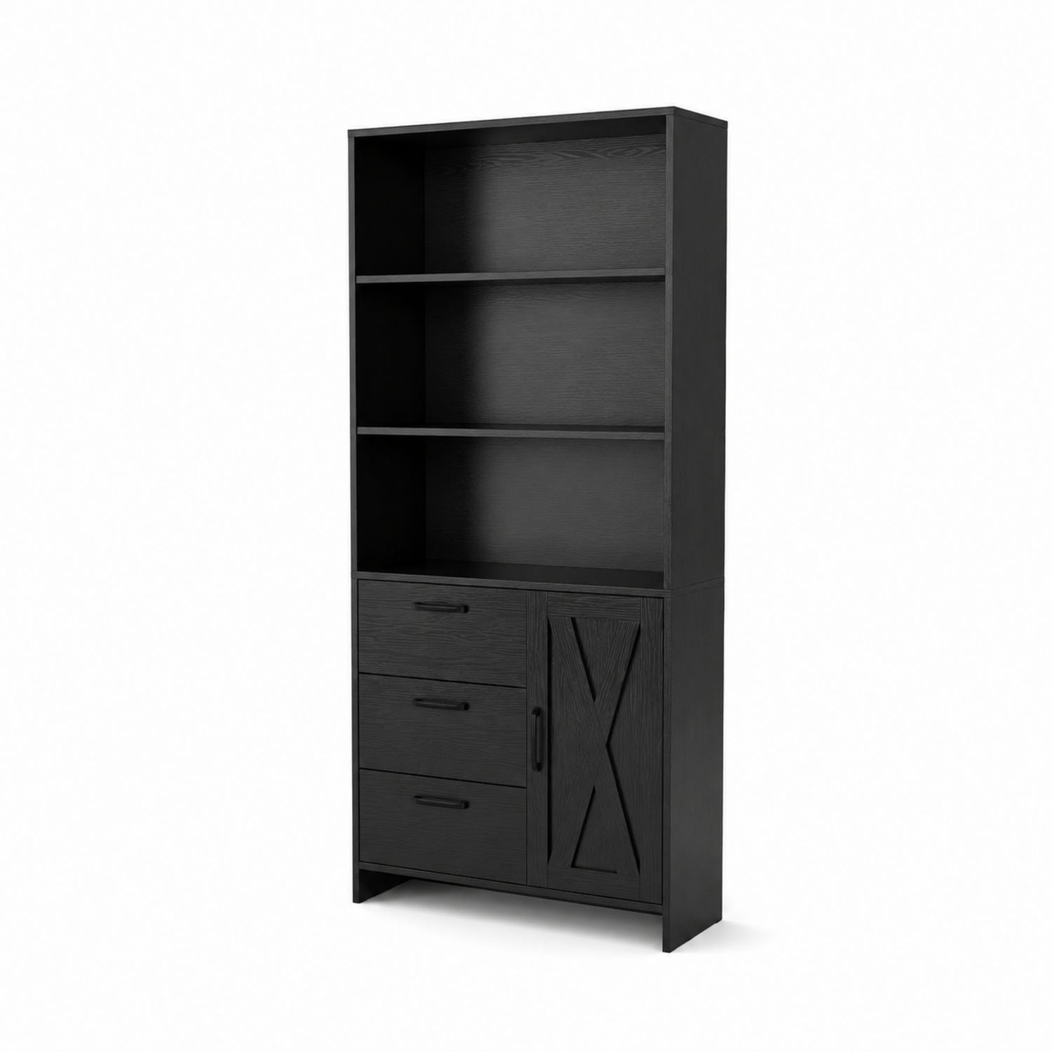 Schwarzes Bücherregal mit Schubladen und Tür aus Holz 180x90x30 cm