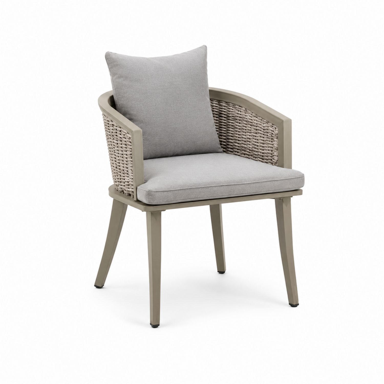 Stuhl aus Aluminium mit Rattan und grauen Kissen