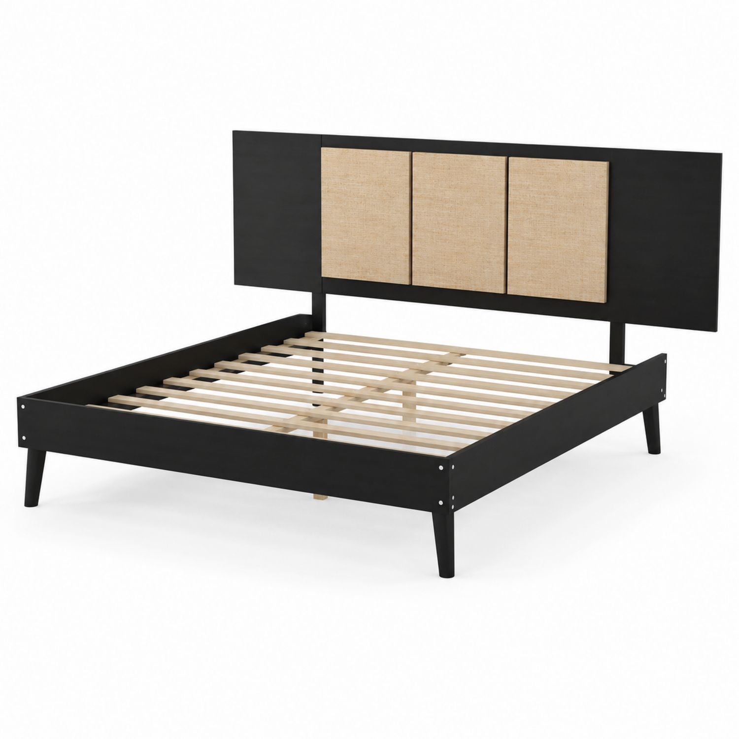 Holzbett mit Kopfteil aus Leinenstoff, 200x180 cm, Schwarz/Beige