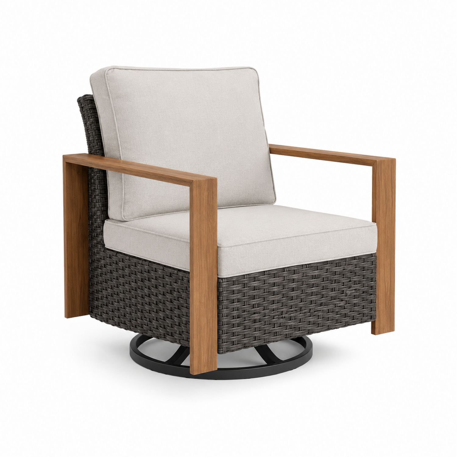 Drehbarer Outdoor-Stuhl aus Polyrattan mit Teakholzarmlehnen Beige/Dunkelgrau