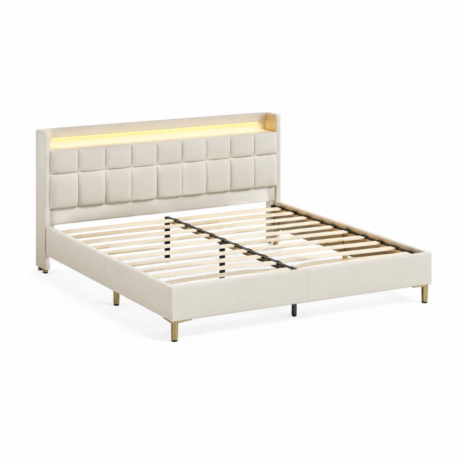 Doppelbett aus Kunstleder mit LED 200x160 cm Beige