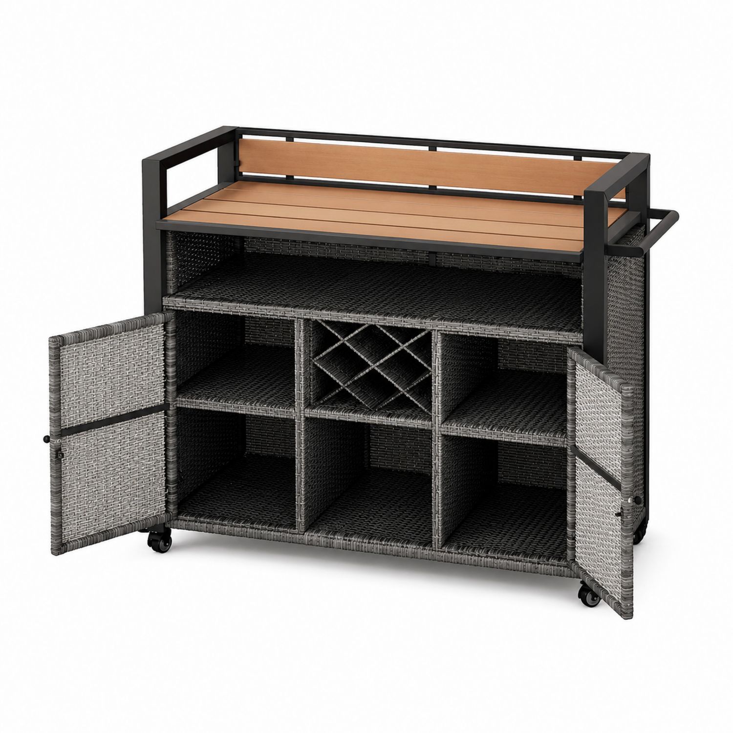 Outdoor-Servierwagen aus Rattan mit Holzplatte und Stahlrahmen, Schwarz/Grau