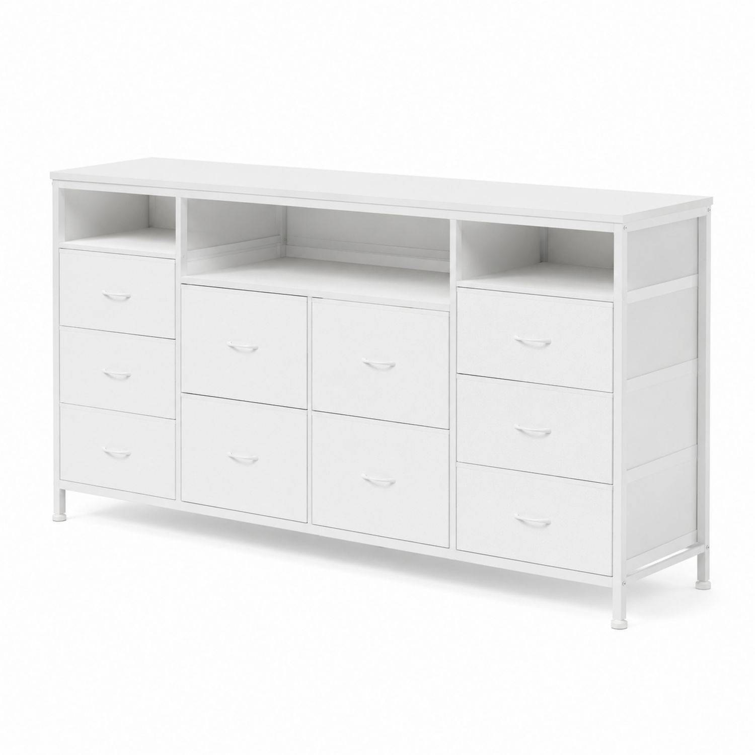 Weiße Kommode mit 10 Schubladen und offenen Fächern aus MDF
