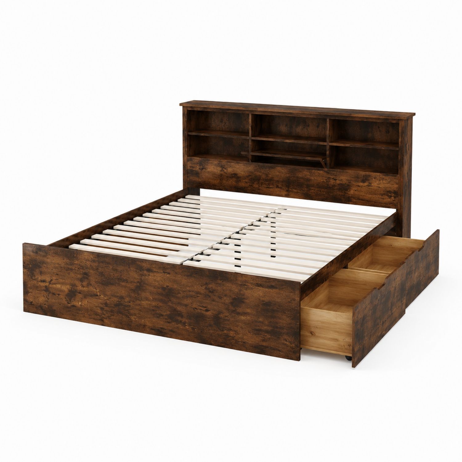 Doppelbett mit Kopfteilregal und Schubladen 200x180cm in Braun aus MDF