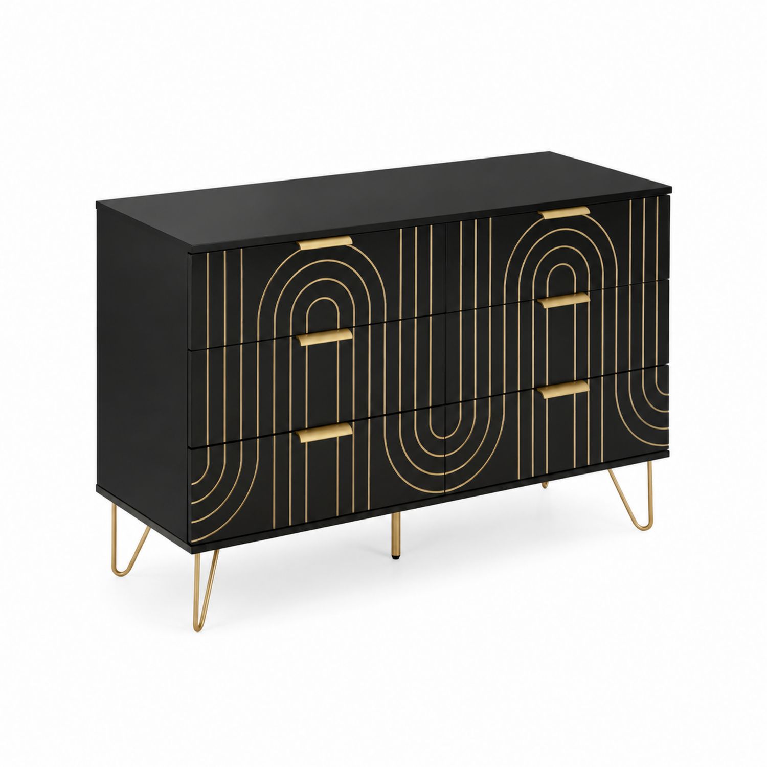 MDF Kommode mit 3 Schubladen und Metallbeinen, Schwarz/Gold