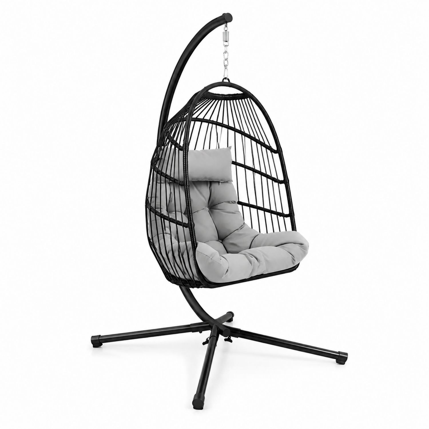 Hängesessel aus Rattan und Stahl Schwarz mit Kissen Grau-Lumariocasa