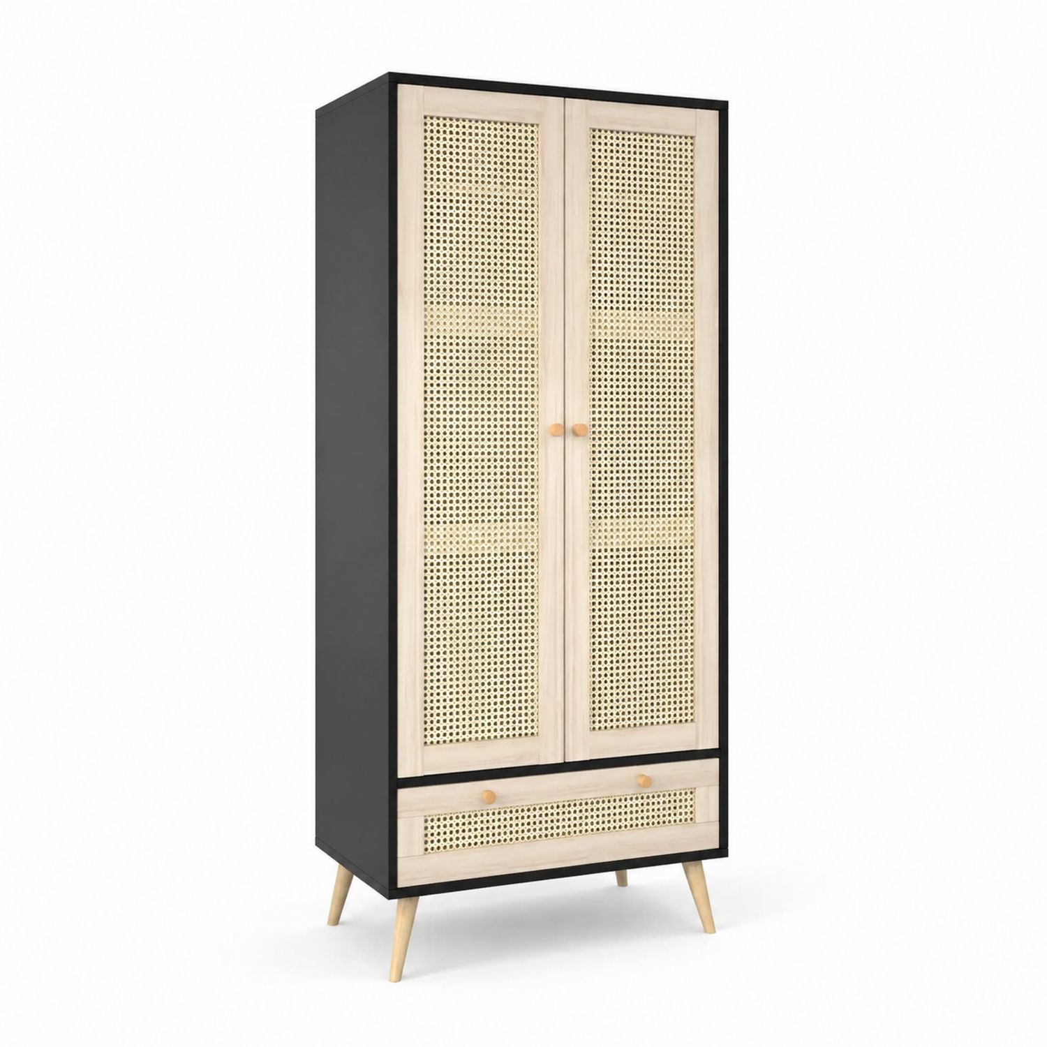 Kleiderschrank mit Rattan-Türen Schwarz/Beige MDF und Kiefernholz 180x80x50 cm-Lumariocasa