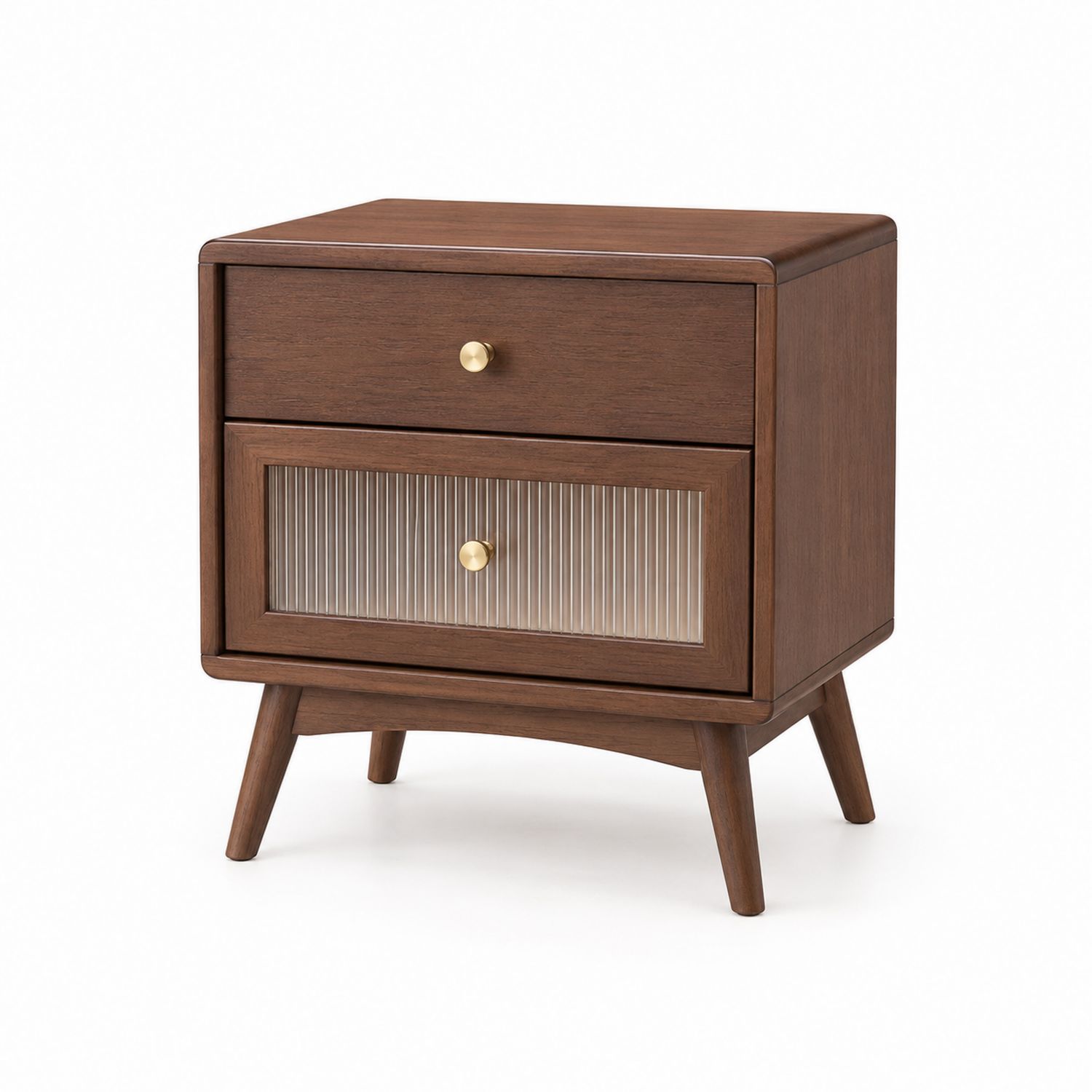 Holz Nachttisch mit geripptem Glas, Braun-Soliraliving
