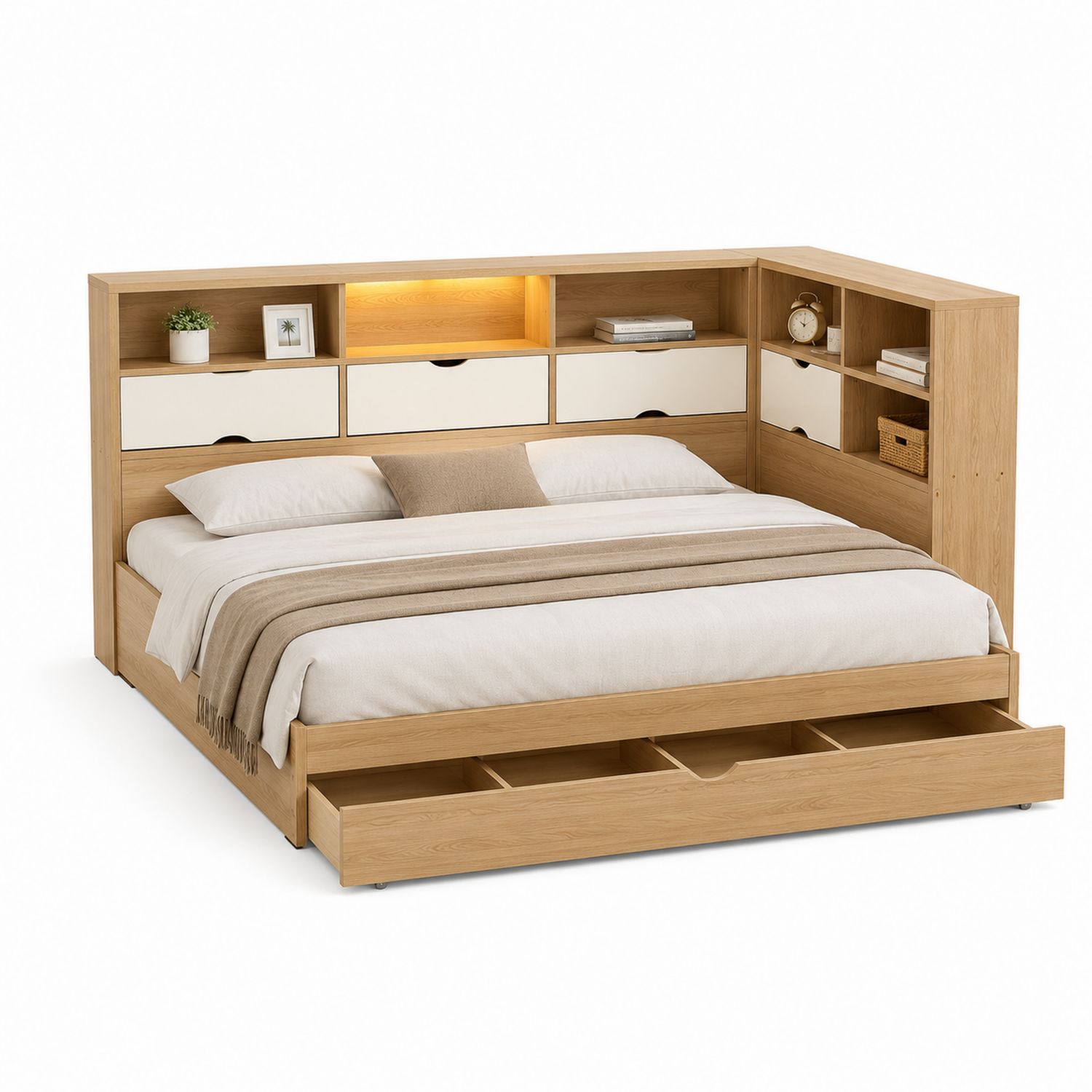 Holzbett mit Stauraum, Bücherregal und Bettzeugschubladen-Soliraliving