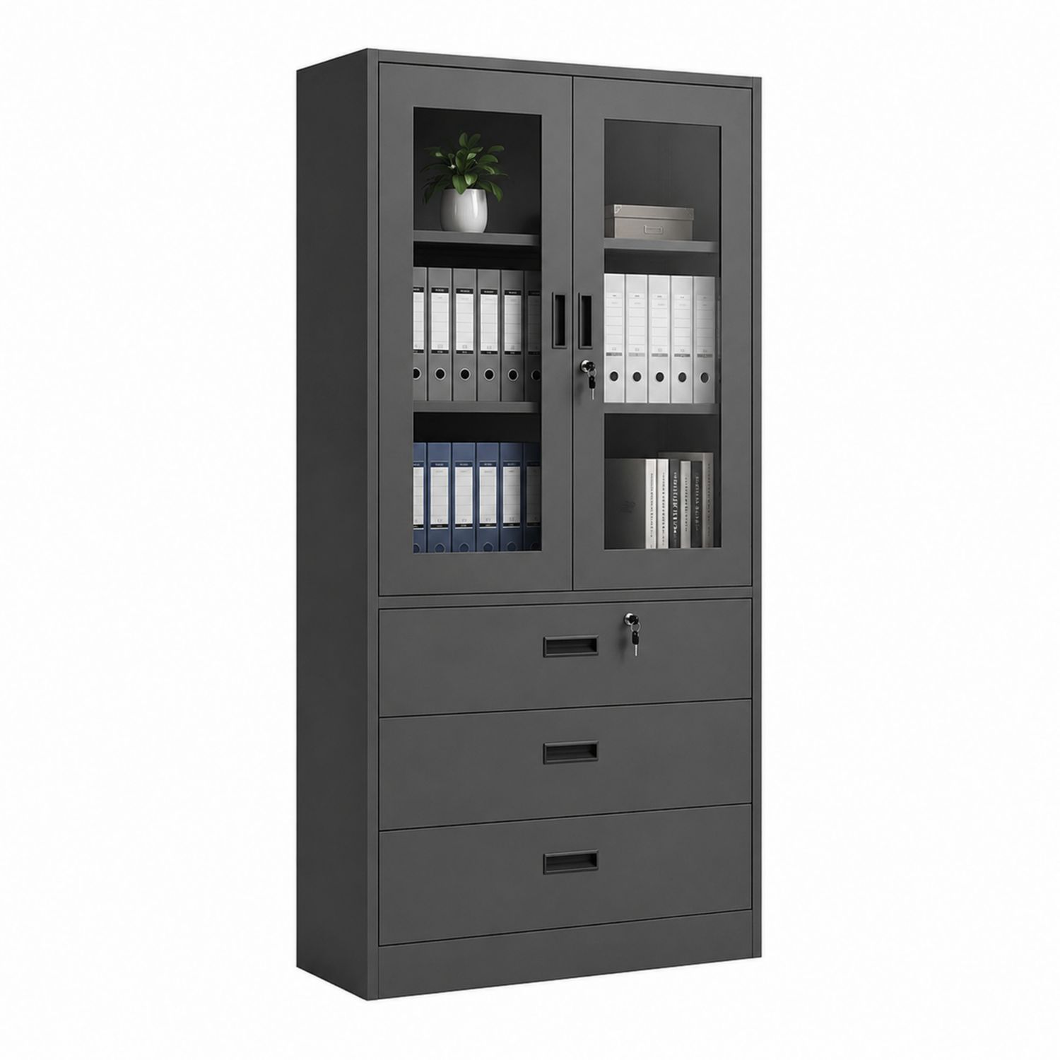 Metallschrank mit Glastüren und 4 Schubladen in Grau-Soliraliving