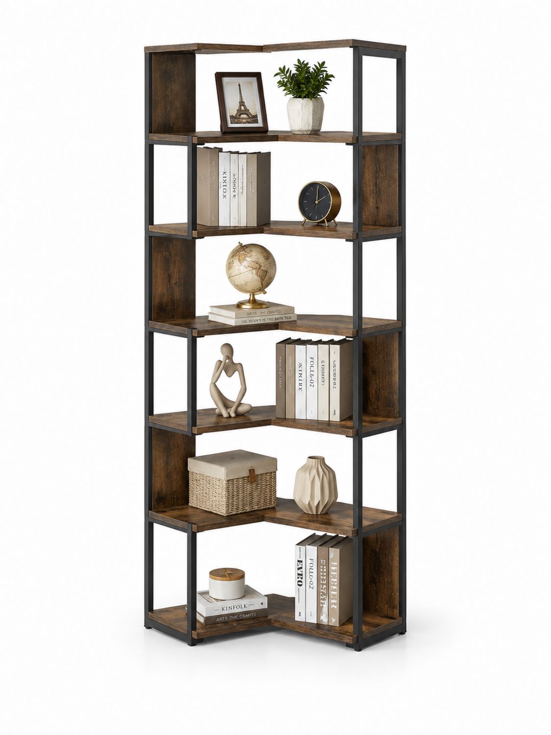 Eckregal Bücherregal 5 Ebenen Holz Metall Braun 180x60x38cm-Soliraliving