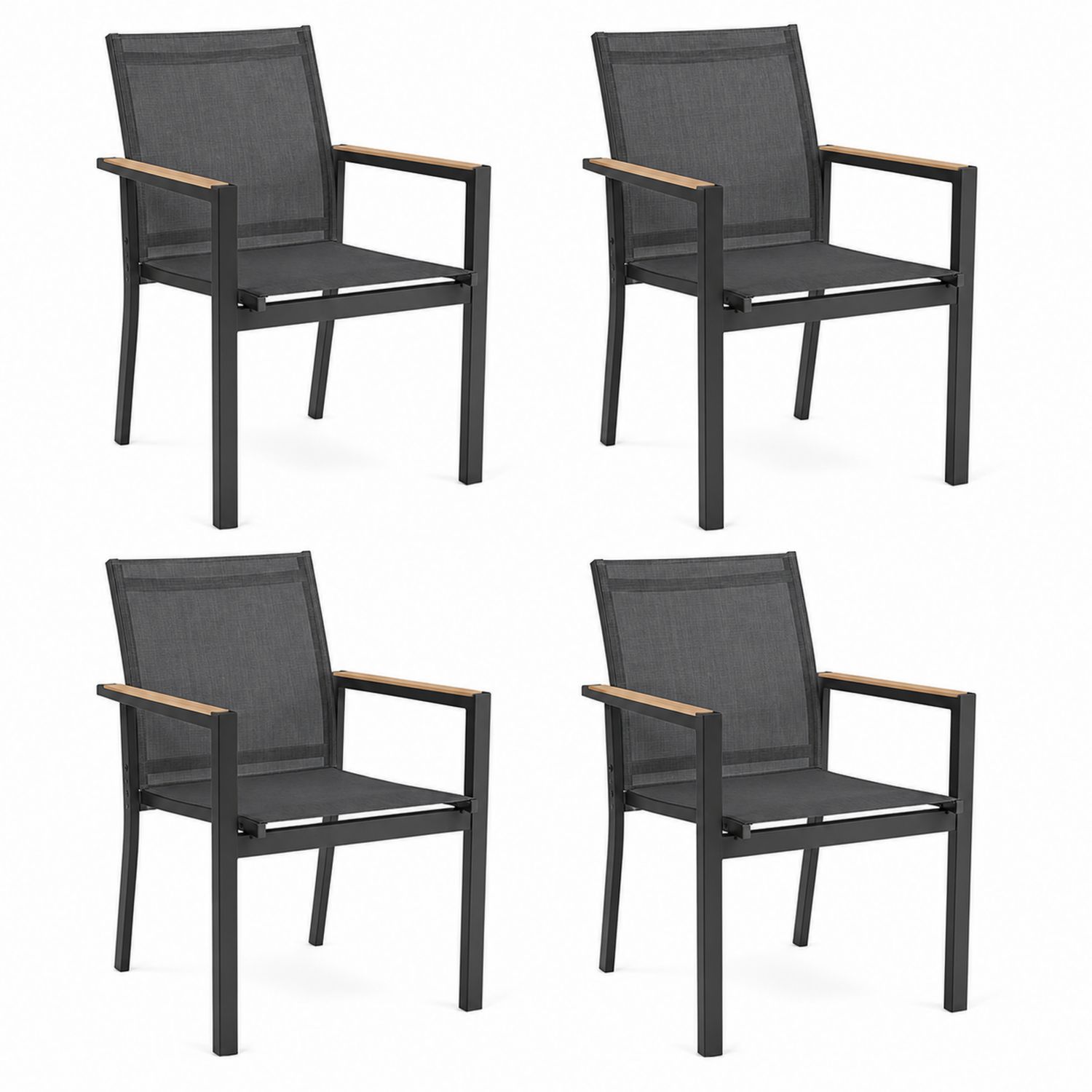 4er-Set Outdoor-Stühle Metallrahmen Textilbespannung Holzarmlehnen Schwarz-Soliraliving