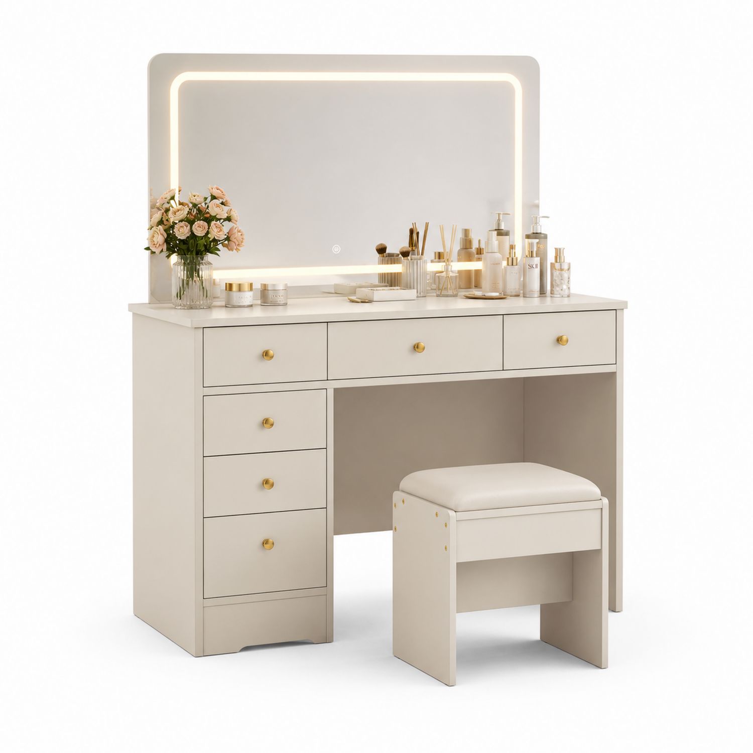 Schminktisch Set mit LED Spiegel und Hocker Holz Weiß-Soliraliving