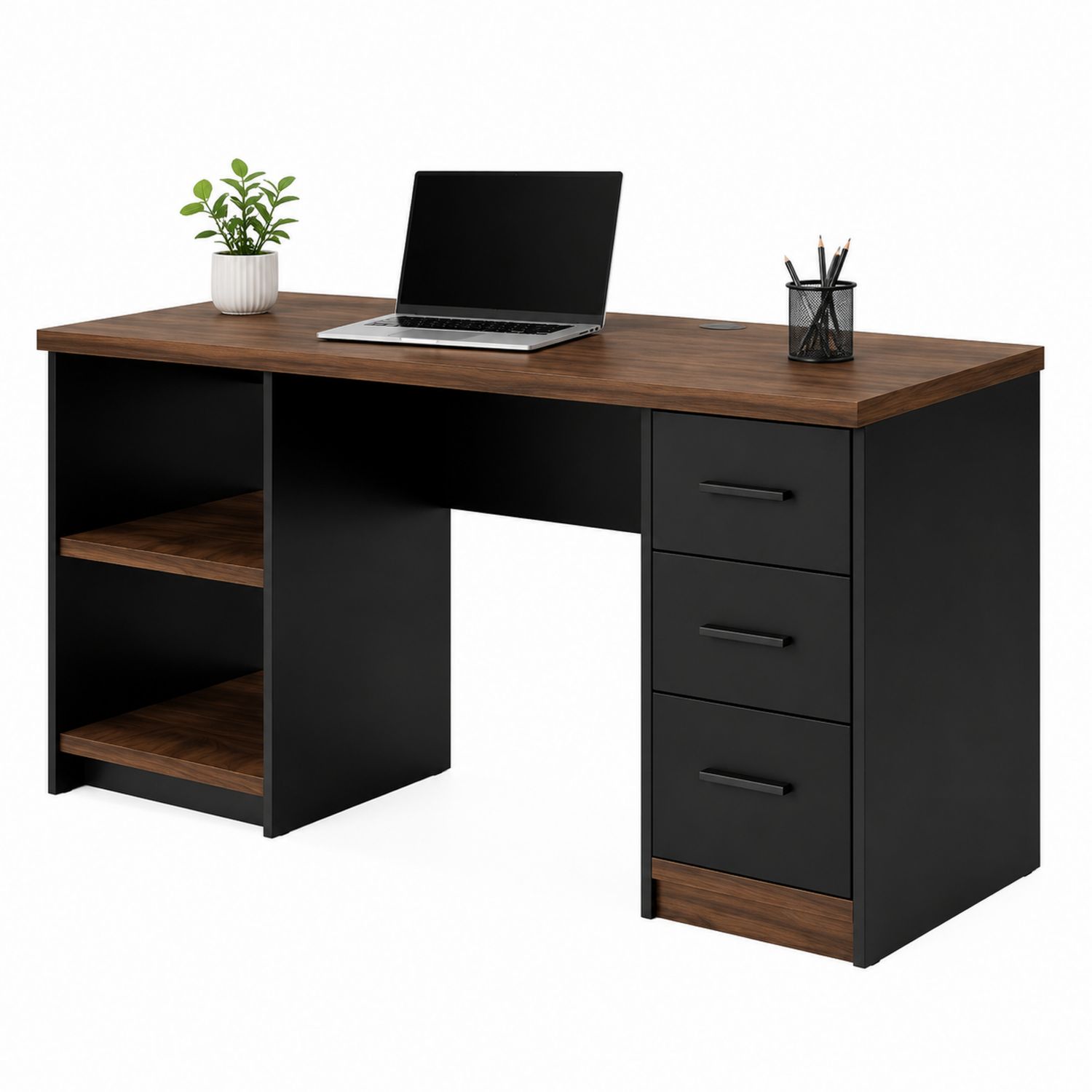 Schreibtisch mit Schubladen und Regalen MDF Schwarz/Braun-Soliraliving