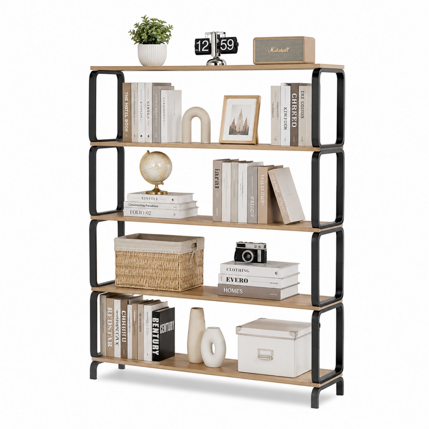 Bücherregal Holz Metall 5 Etagen Schwarz 180x90x30cm-Soliraliving