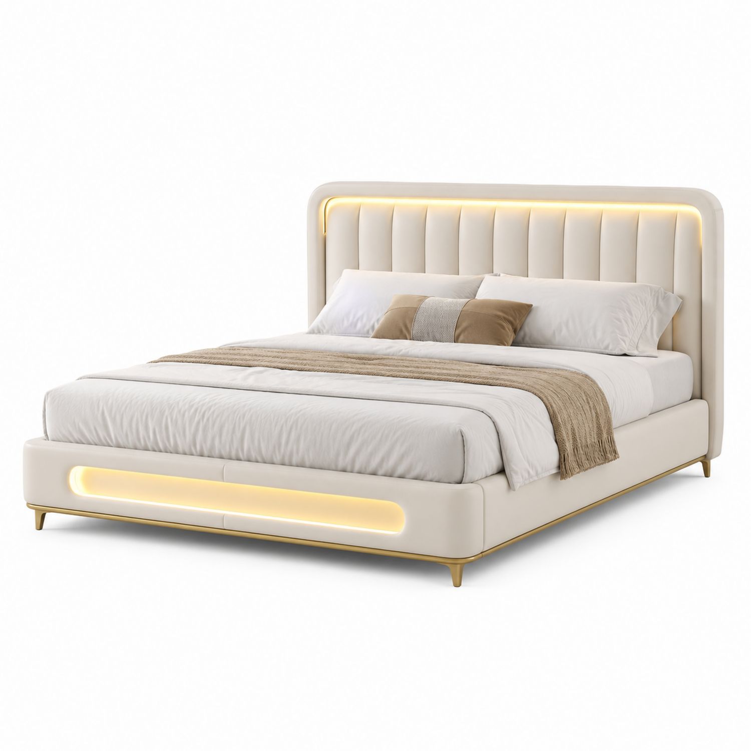Polsterbett mit LED-Beleuchtung 180x200 cm Kunstleder Creme-Soliraliving