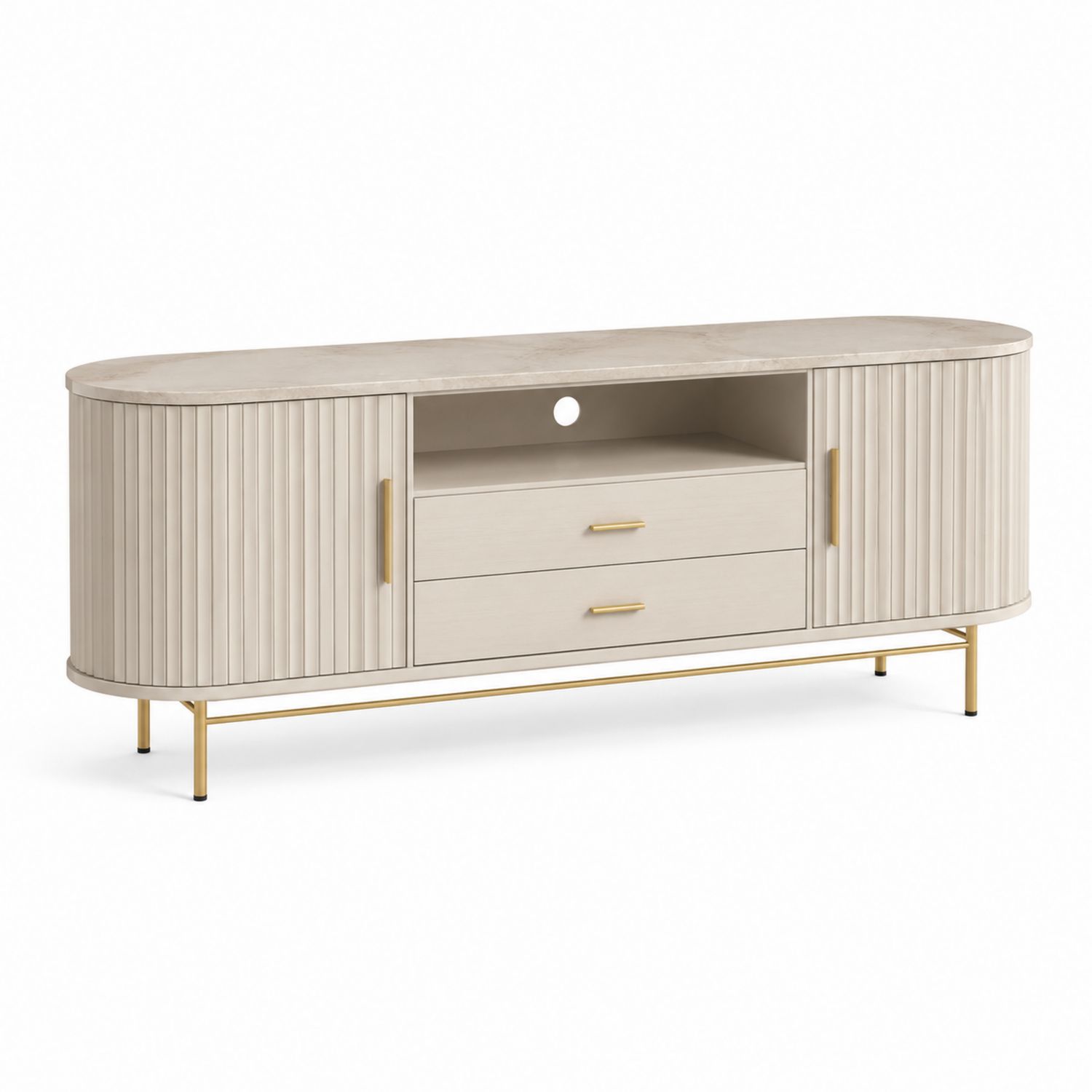 Ovale TV-Schrank aus Holzwerkstoff und Metall mit 2 Türen und 2 Schubladen in Creme 140 cm-Soliraliving