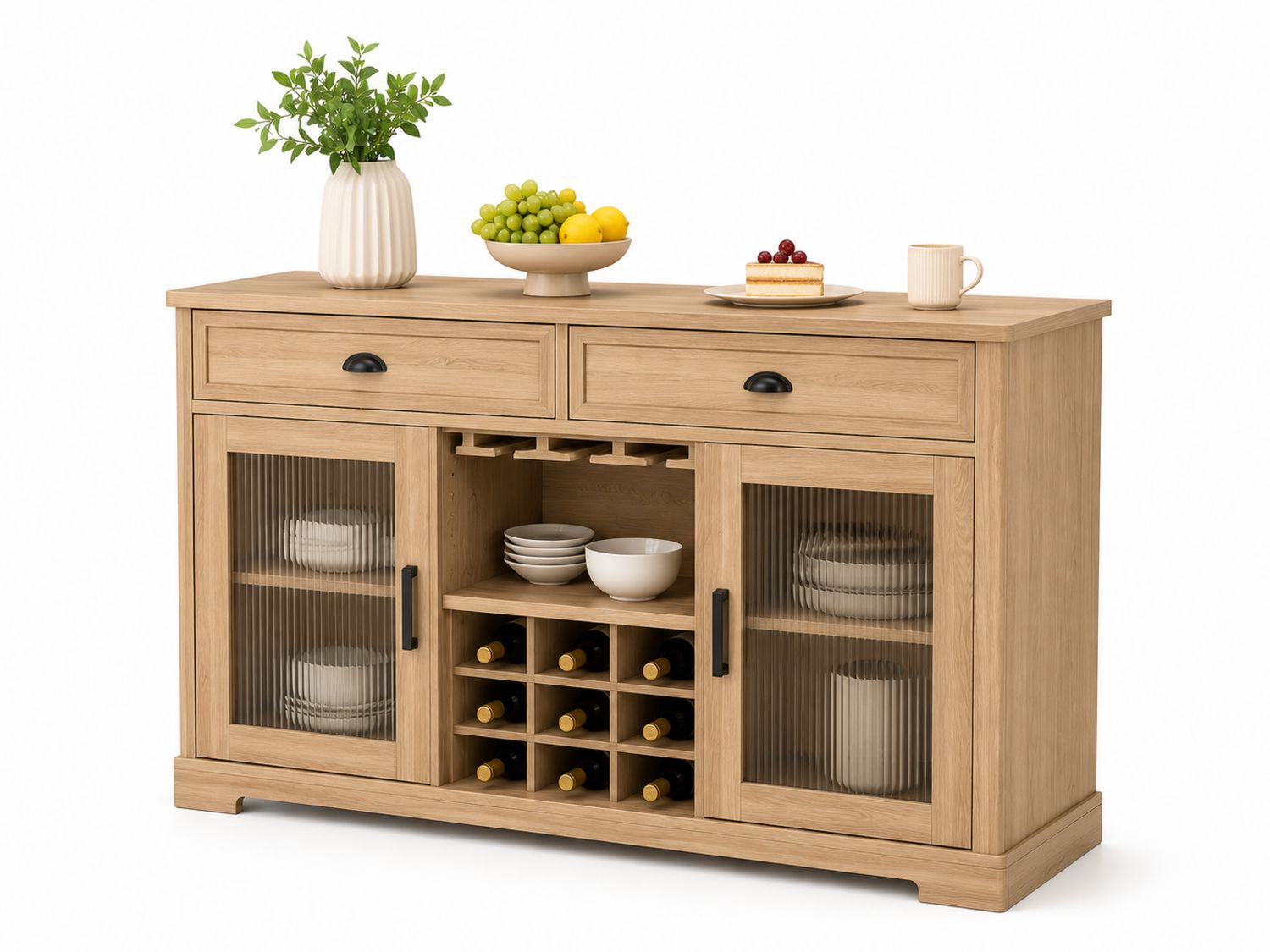 Eichenholz-Sideboard mit Glastüren und Weinregal 147x40x85cm-Soliraliving