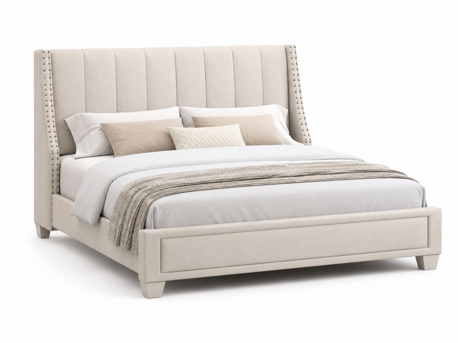 Leinenstoff Polsterbett mit hoher Rückenlehne 200x160 cm Beige-Soliraliving