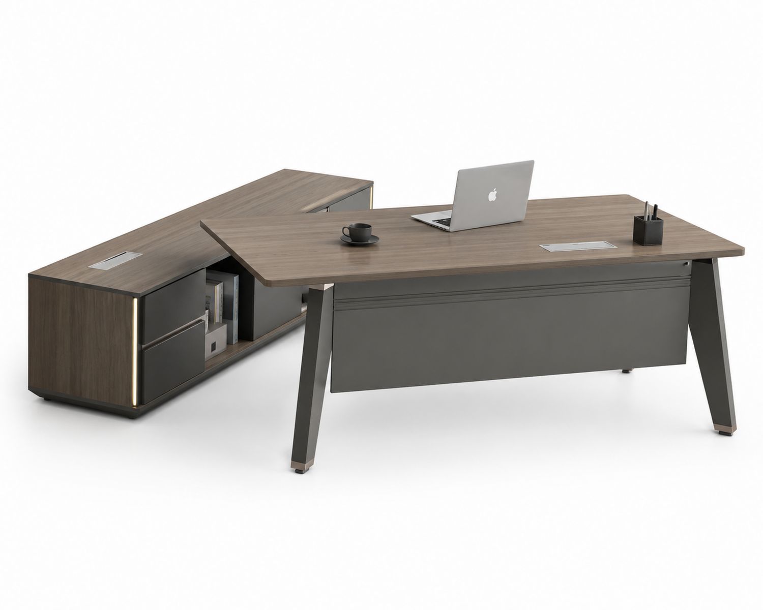 Eckschreibtisch aus Metall mit Eichenfurnier und Sideboard Braun 200x180x75 cm-Soliraliving