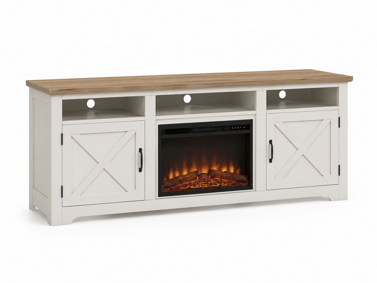 TV-Schrank mit elektrischem Kamin Holz und MDF Weiß/Natur-Soliraliving
