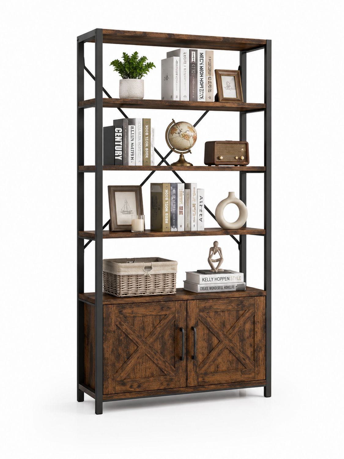 Bücherregal aus Holz und Metall mit Schrank, Braun-Soliraliving