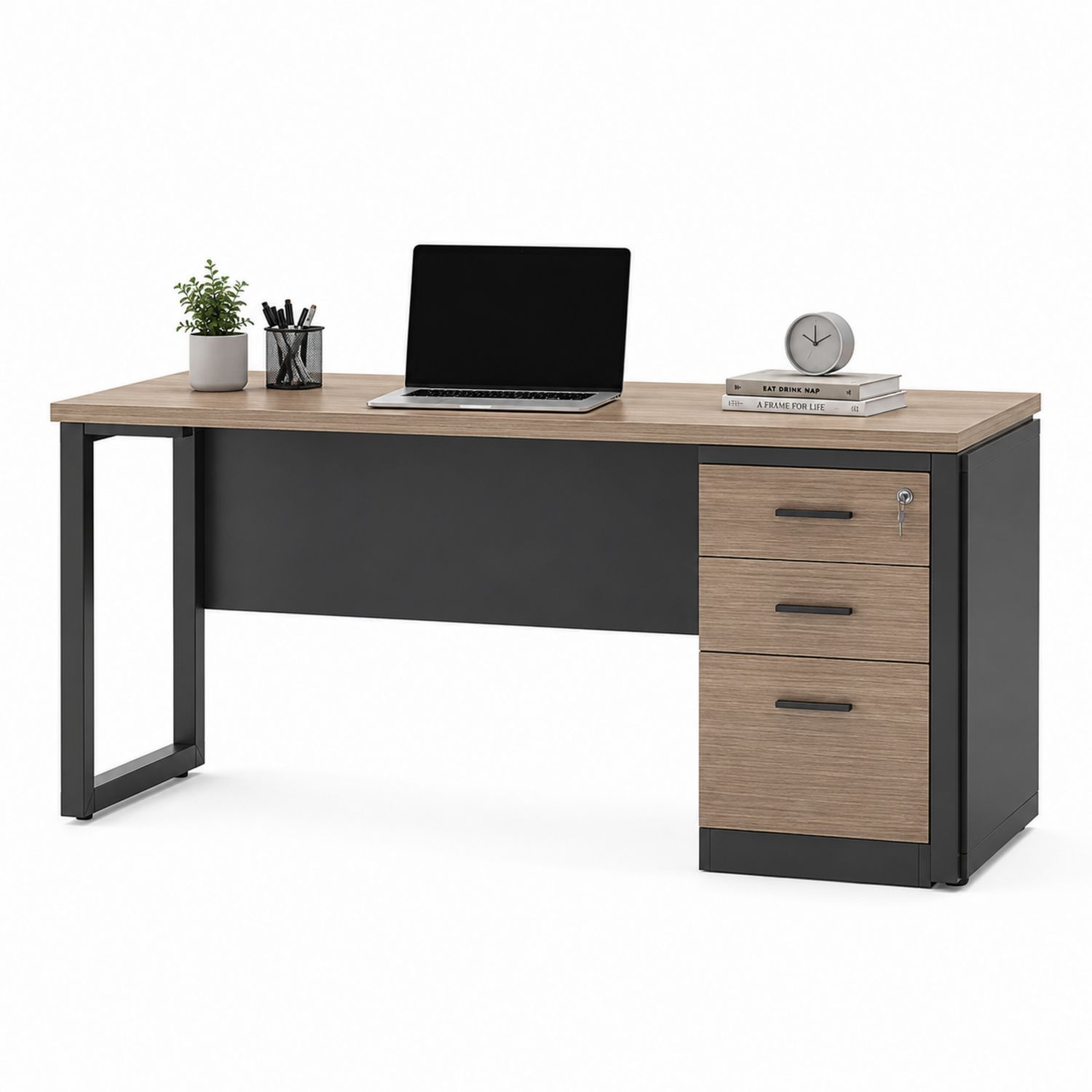 Schreibtisch aus MDF und Metall mit 3 Schubladen Schwarz/Braun-Soliraliving