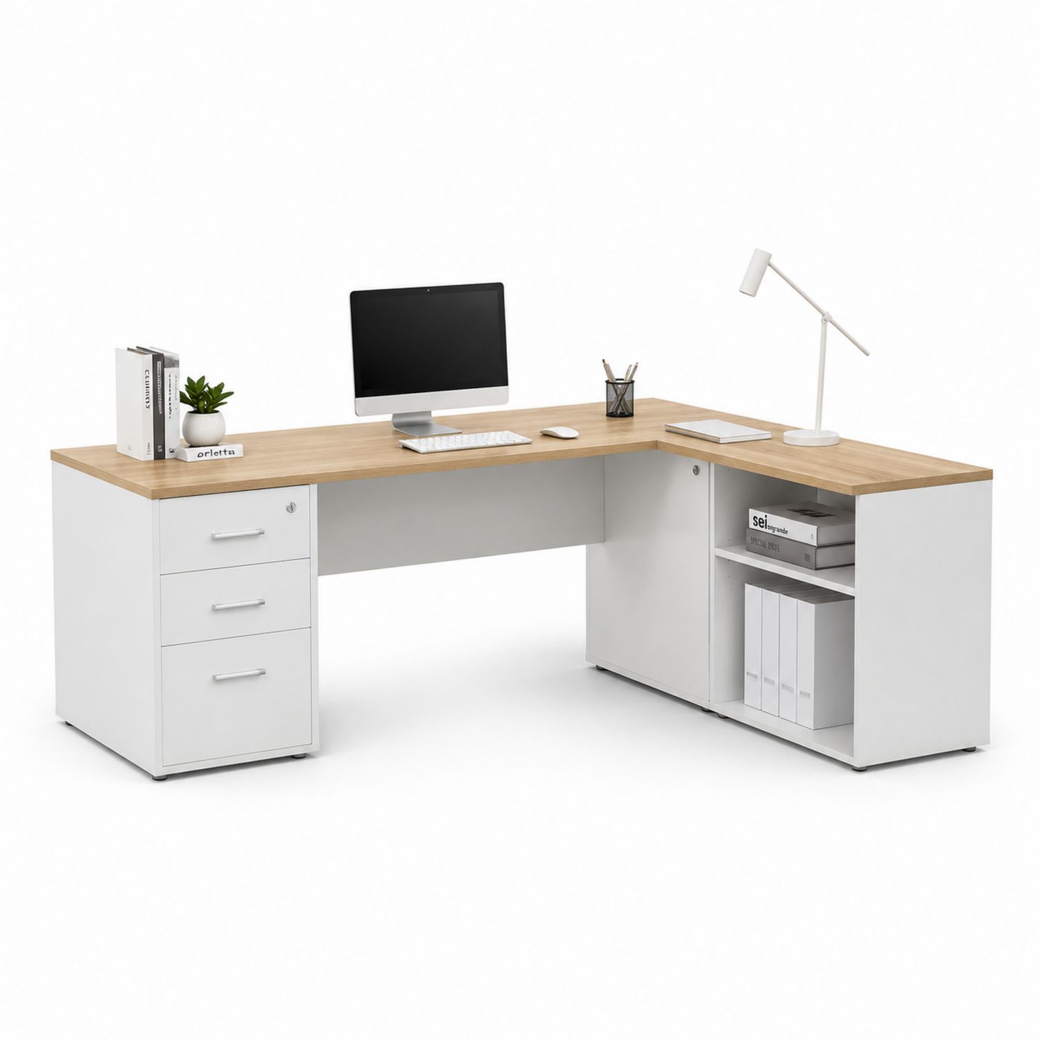 Eckschreibtisch aus Spanplatte Weiß und Eiche mit Regalen 150x150x75cm-Soliraliving