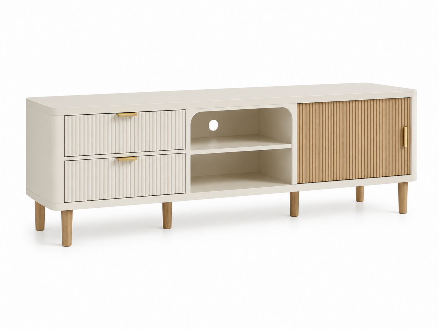 TV-Schrank MDF Weiß mit Schubladen und Eiche-Türen-Soliraliving