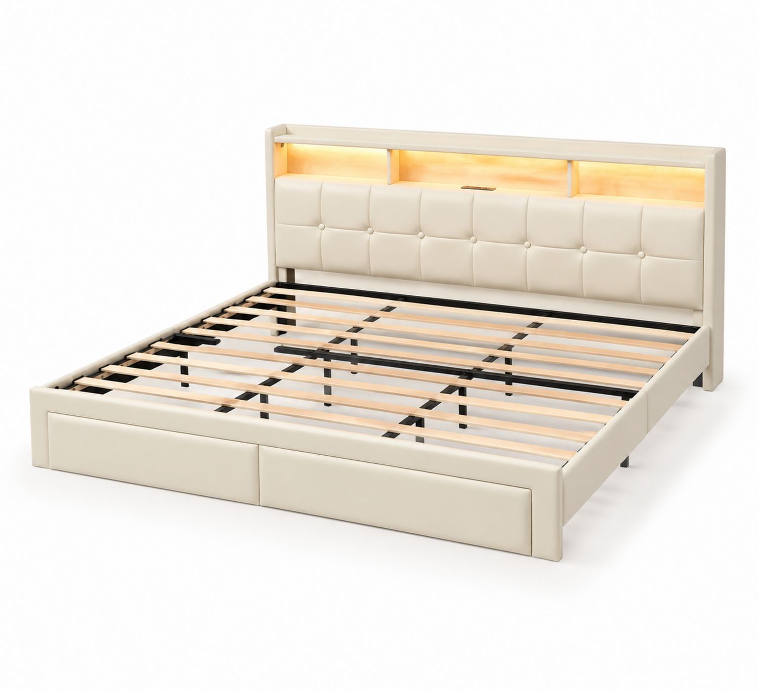 Doppelbett mit Beleuchtung im Kopfteil 200x160cm Kunstleder Beige-Soliraliving