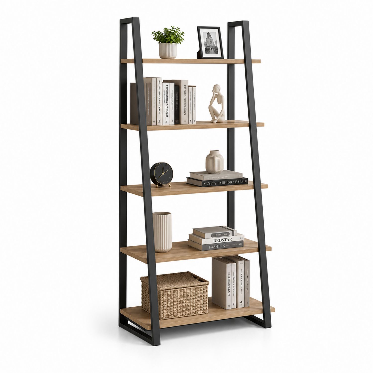 Bücherregal Leiterform 5 Ebenen Holz Metall Eiche Schwarz-Soliraliving
