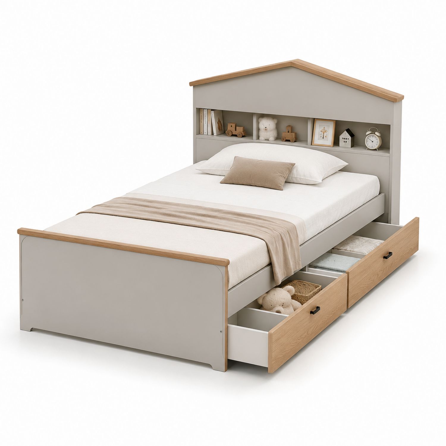 Einzelbett mit Kopfteil in Hausform aus MDF und Eichenholz Grau-Soliraliving