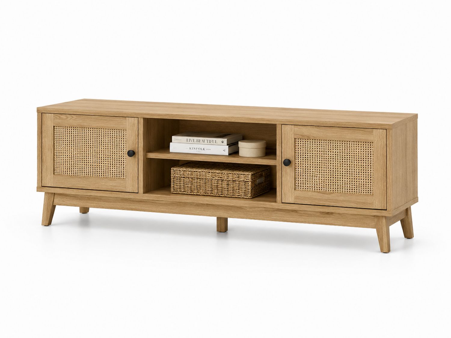 TV-Schrank aus Eiche mit Rattan-Türen-Soliraliving