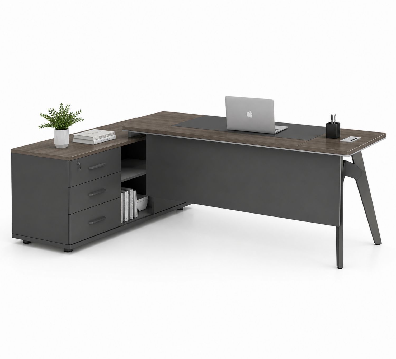 Eckschreibtisch mit MDF-Holzfurnier und Stahlgestell Dunkelgrau-Soliraliving