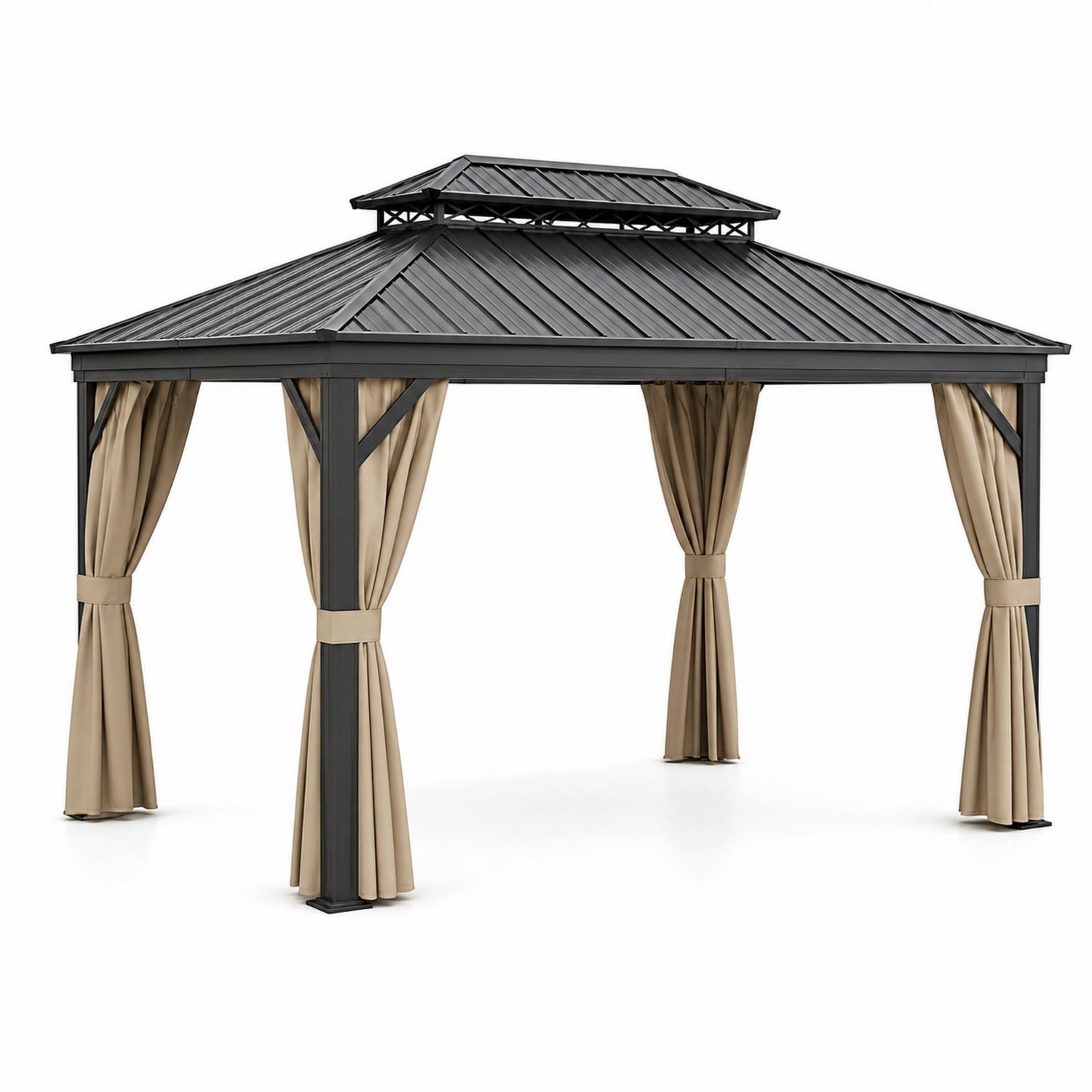 Pavillon aus Aluminium 3x4m mit Stahl-Dach und Polyester Vorhänge Beige-Soliraliving