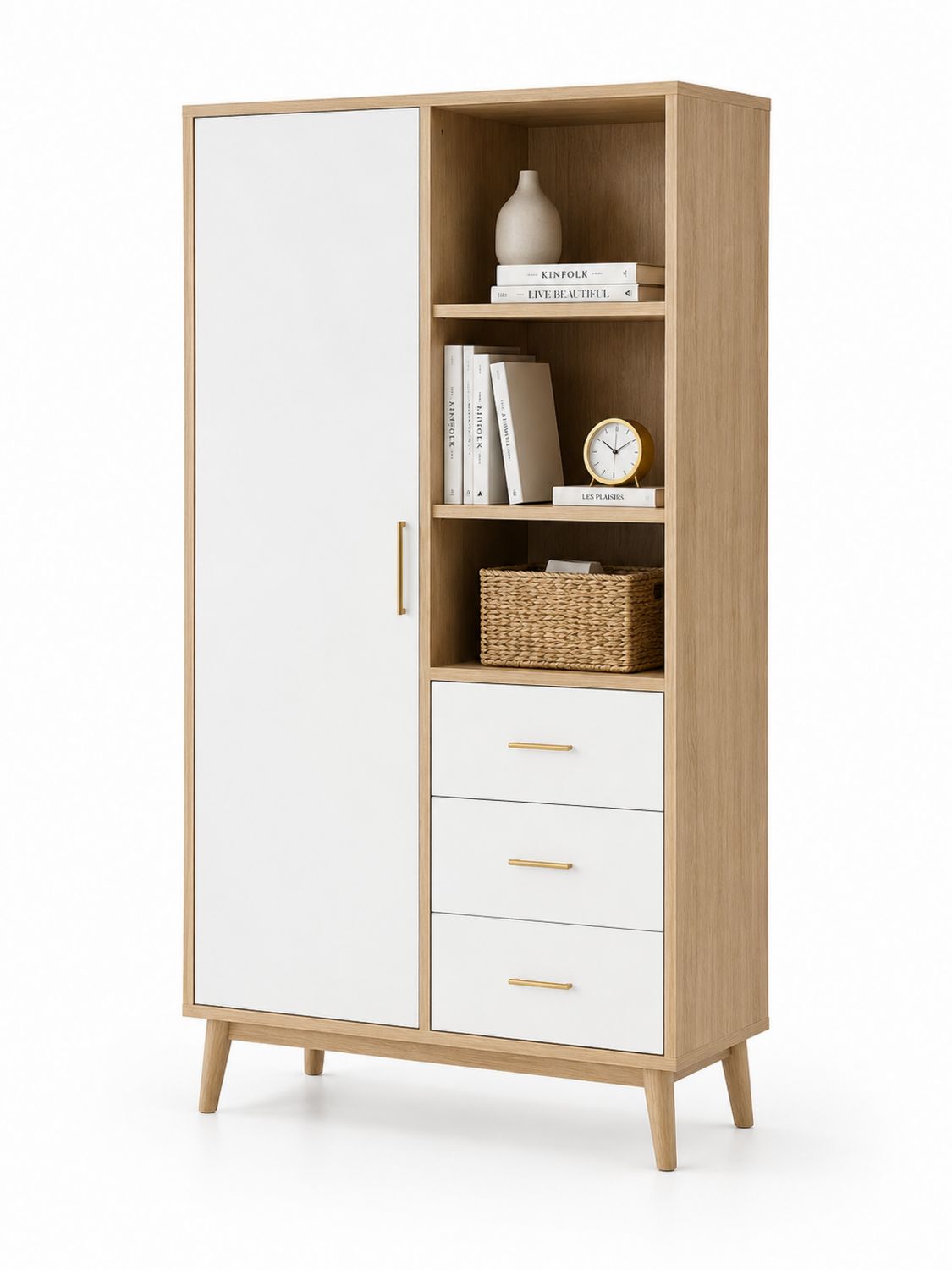 Holz Aufbewahrungsschrank mit 1 Tür und 3 Schubladen Weiß/Eiche-Soliraliving
