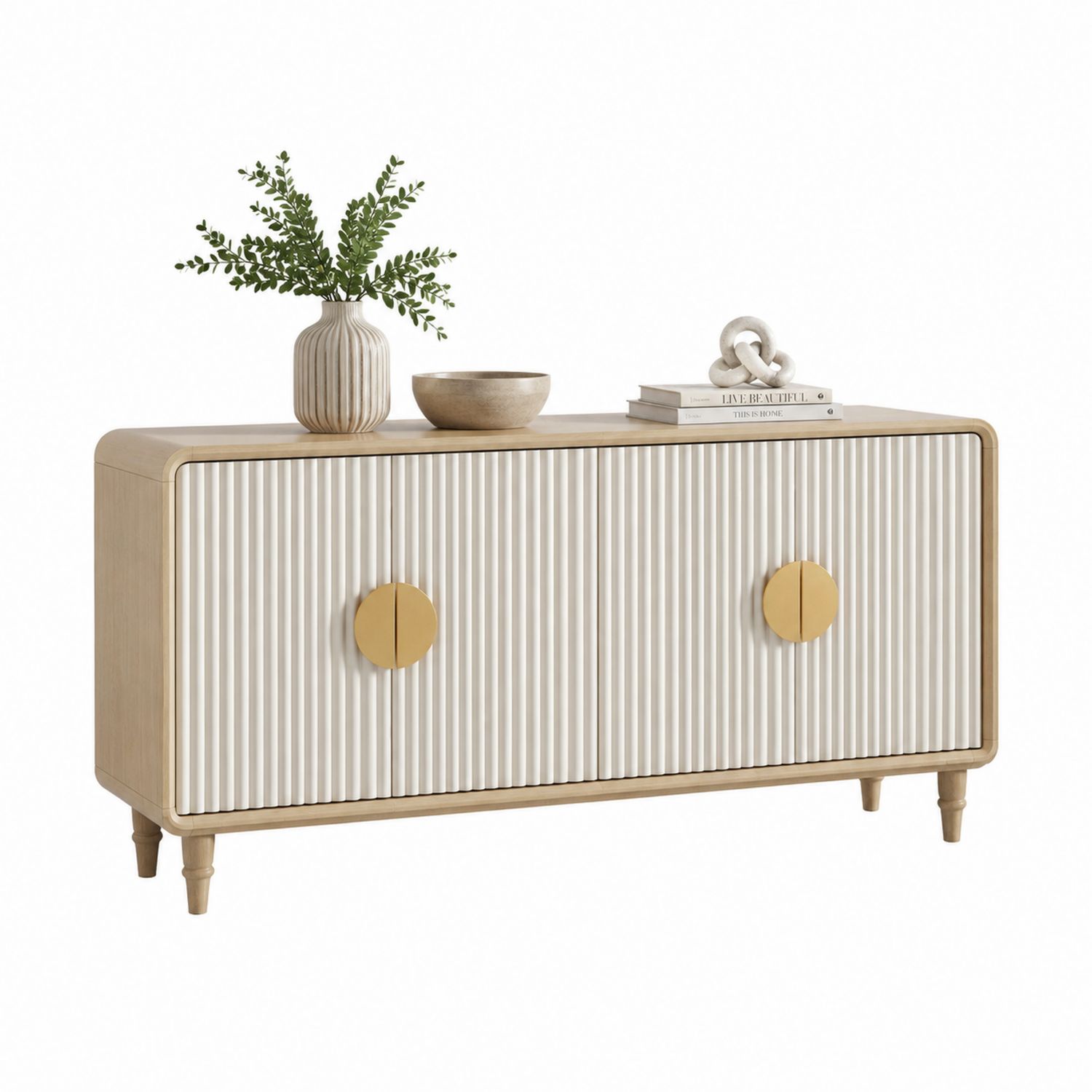 Sideboard aus Holz und MDF mit Vertikalen Rillen, Beige-Soliraliving