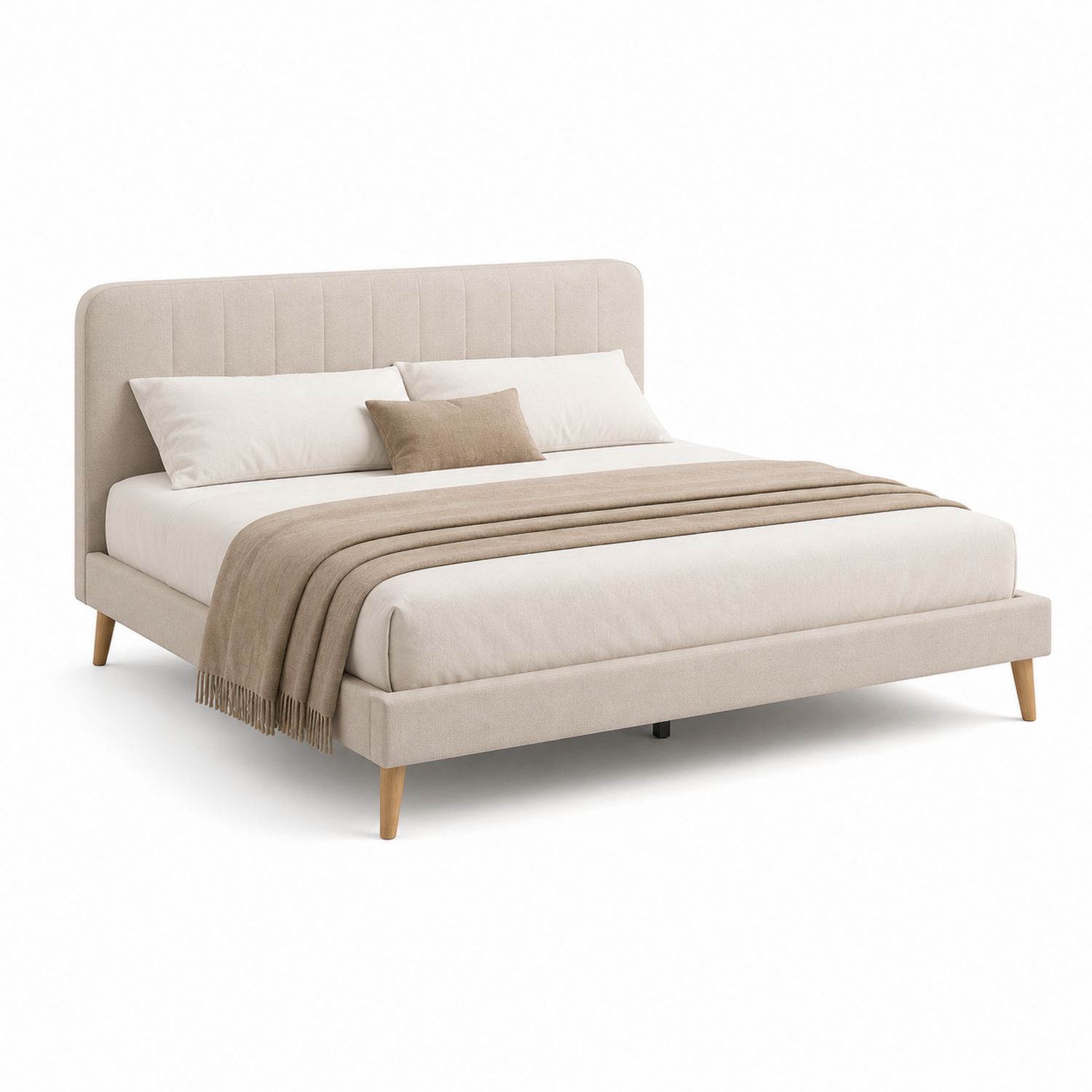 Polsterbett 200x180 cm Leinen Hellbeige mit Eichenholzfüßen-Soliraliving