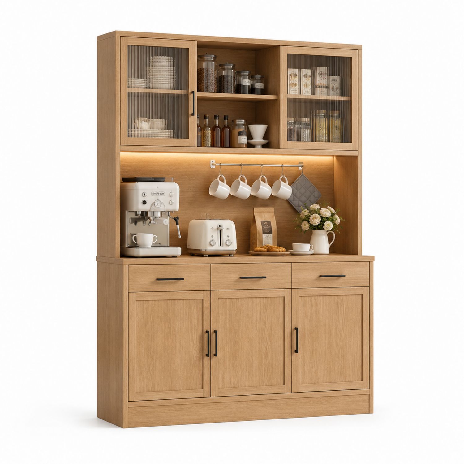 Küchenbuffet Holz Eiche mit Glastüren 120x45x180 cm-Soliraliving
