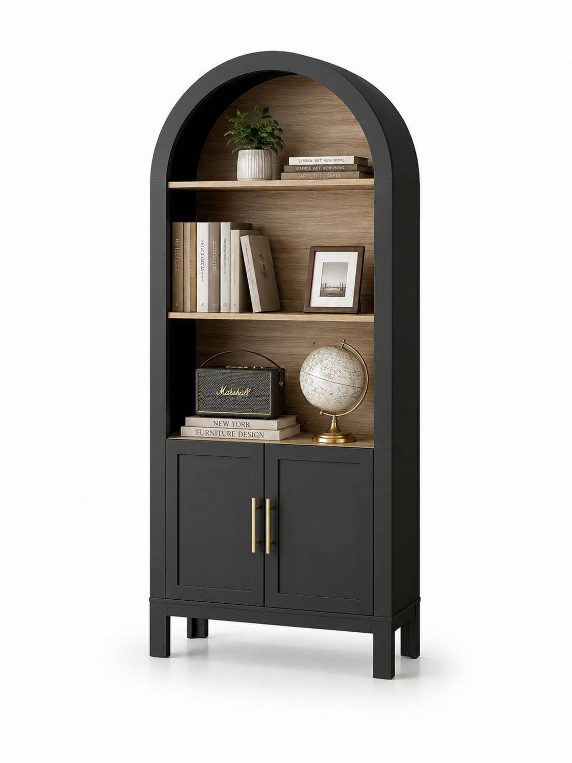 Schwarzes Holz-Bücherregal mit Rundbogen 200x90x35cm-Soliraliving